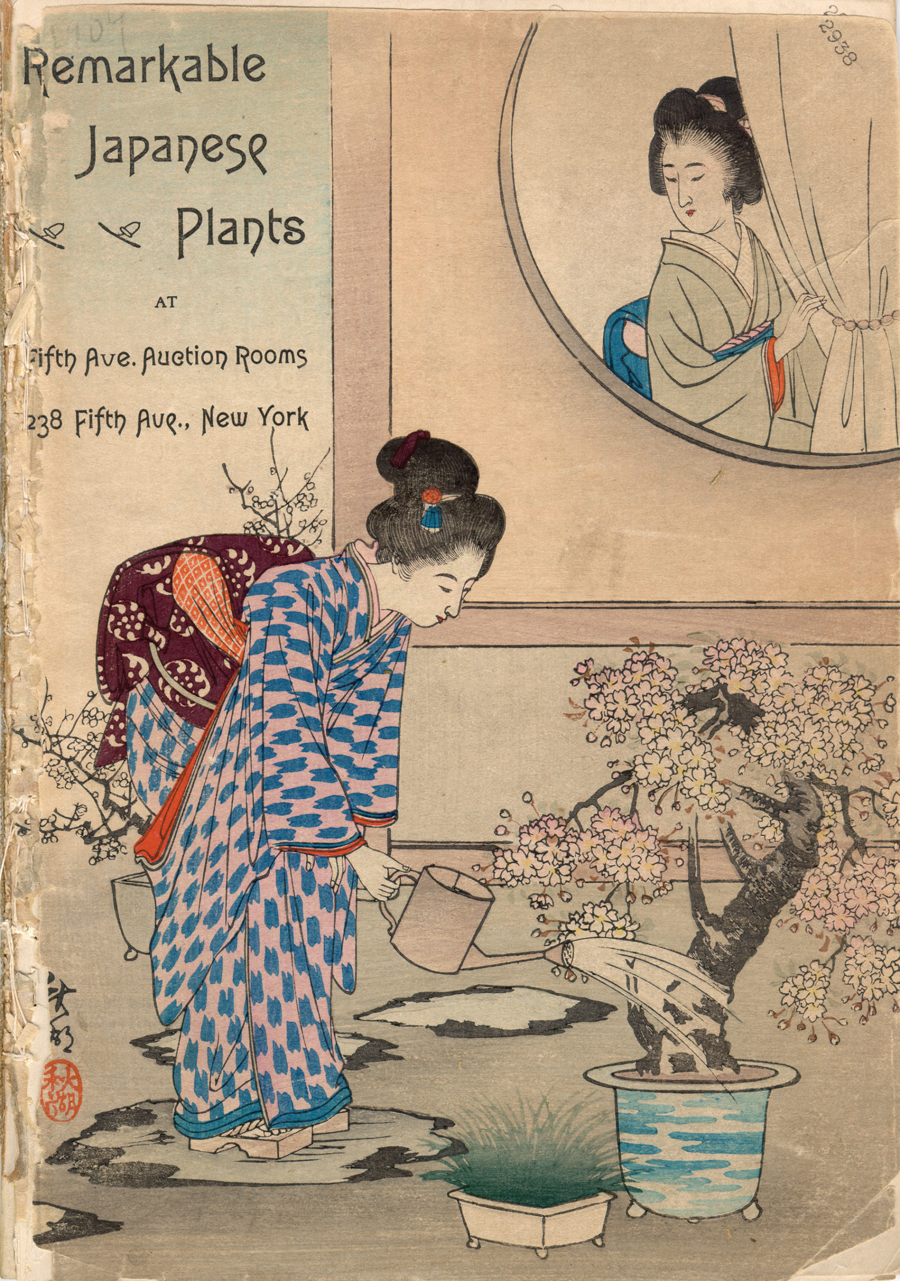 Catalogue cover showing woman watering a flowering cherry bonsai