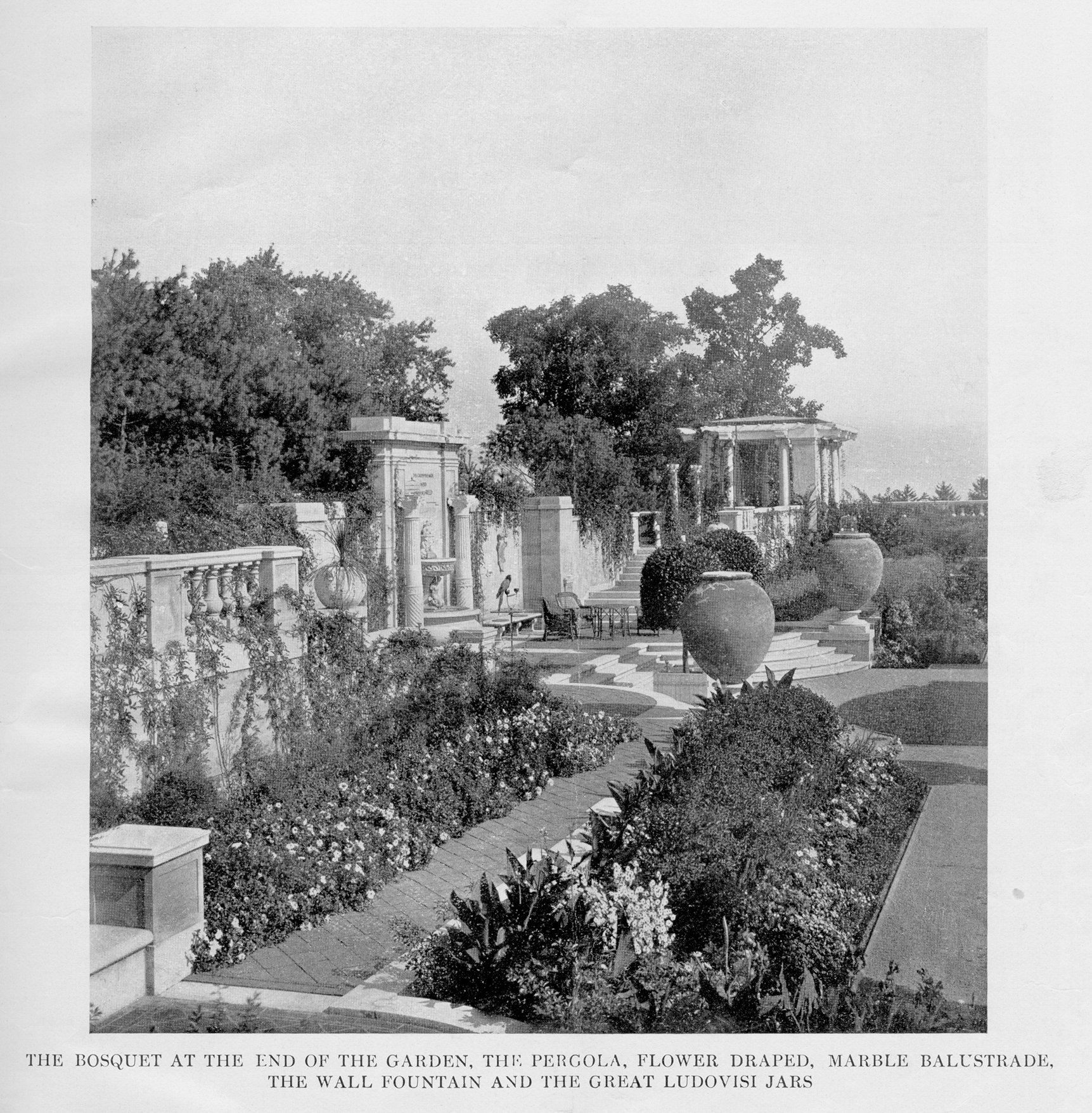 Black-and-white photograph of formal garden landscape