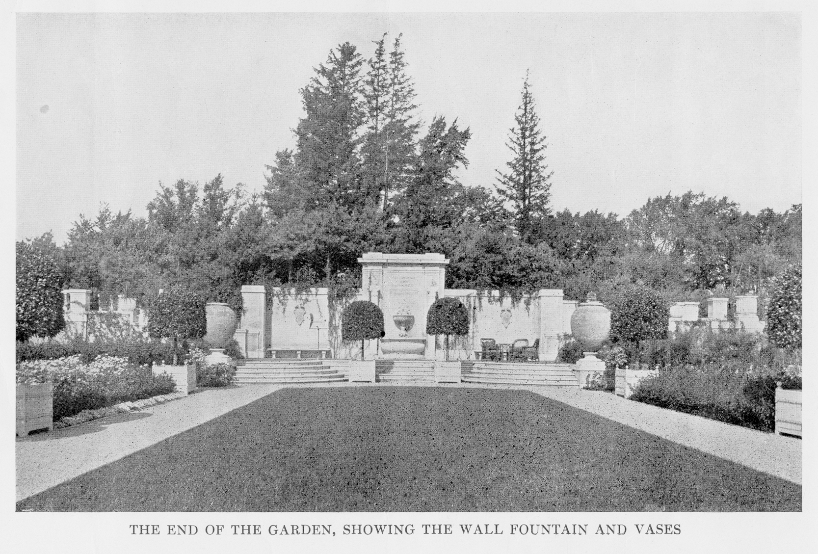 Black-and-white photograph of formal garden landscape