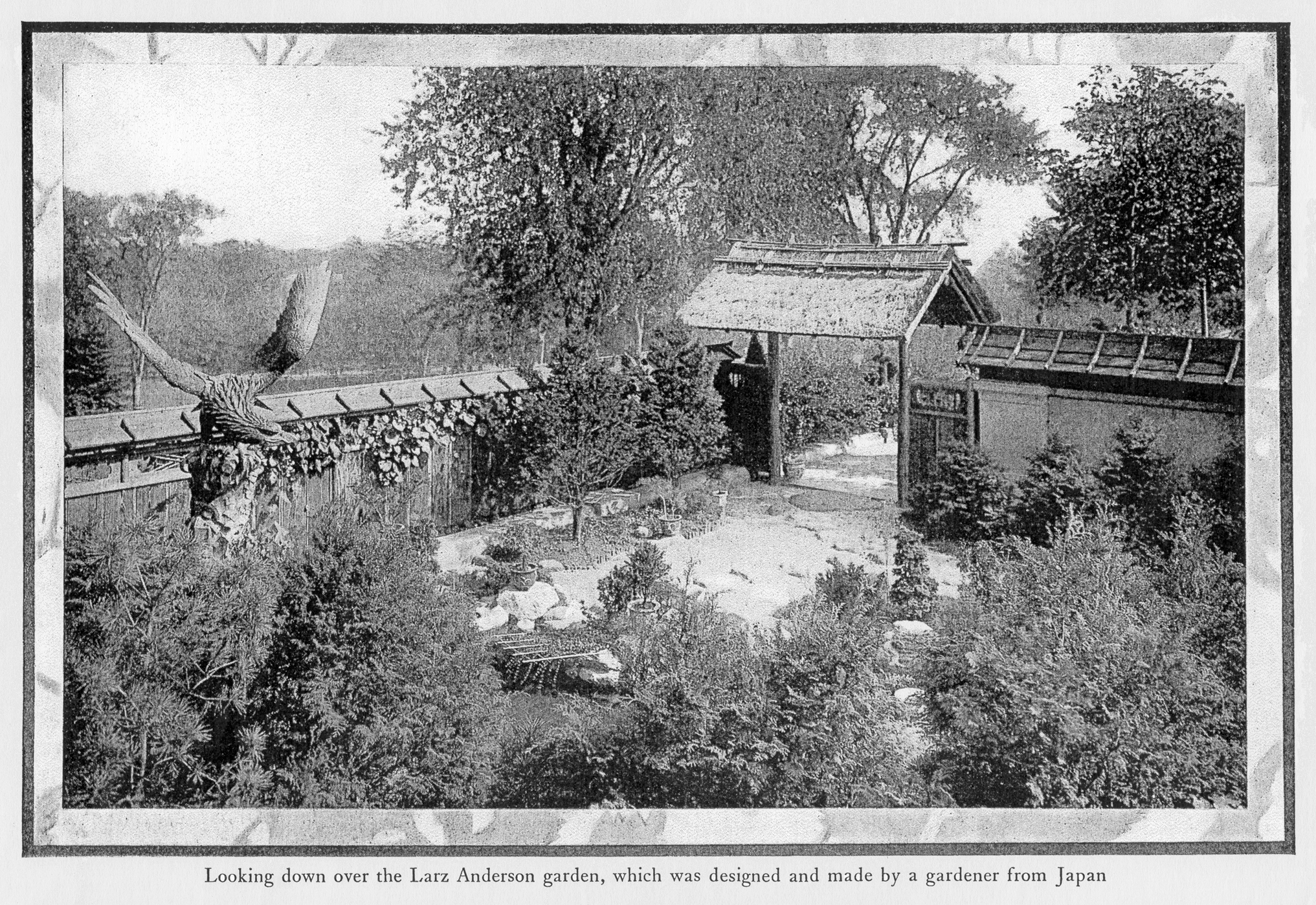 Black-and-white photograph of formal garden landscape
