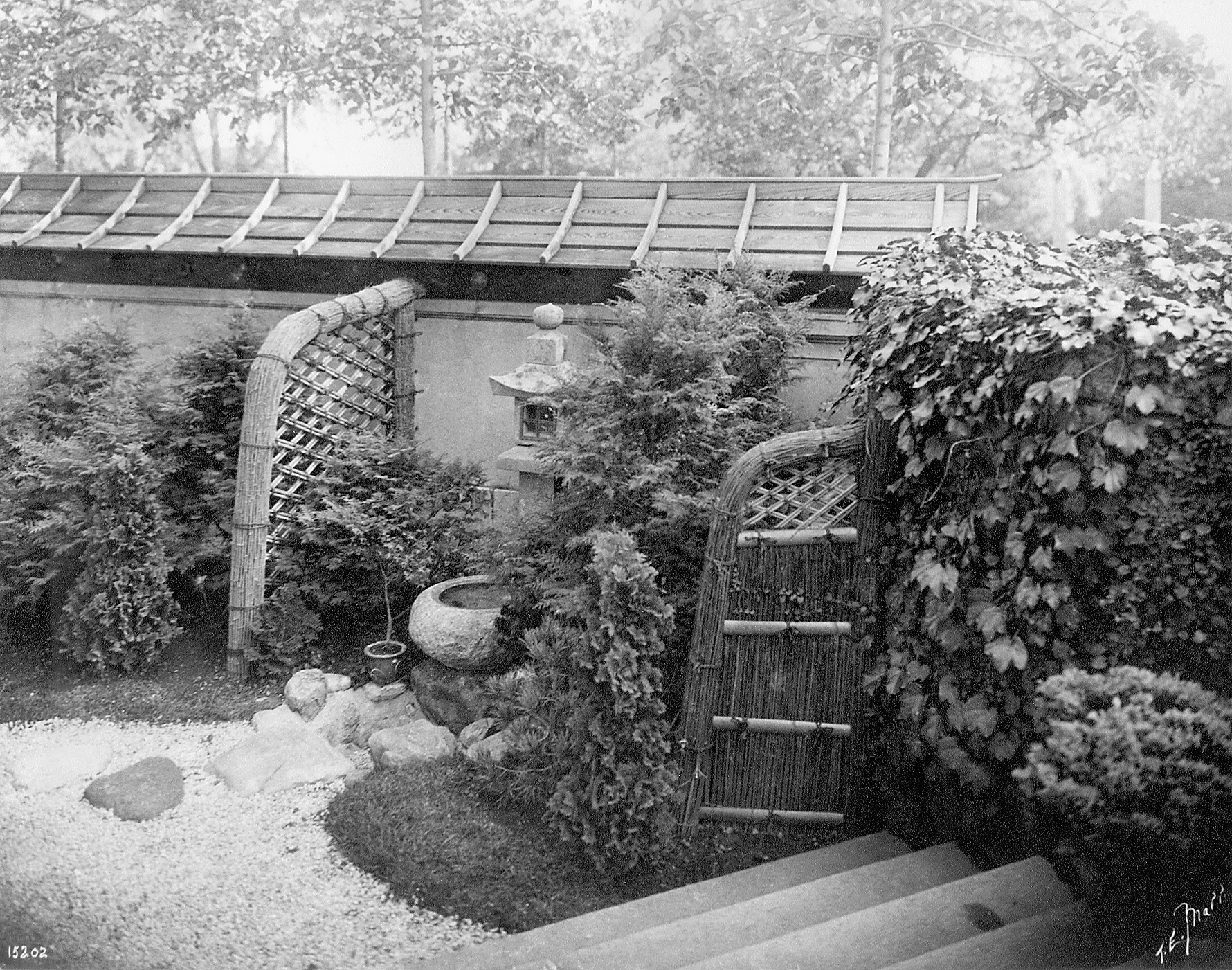 Black-and-white photograph of formal garden landscape