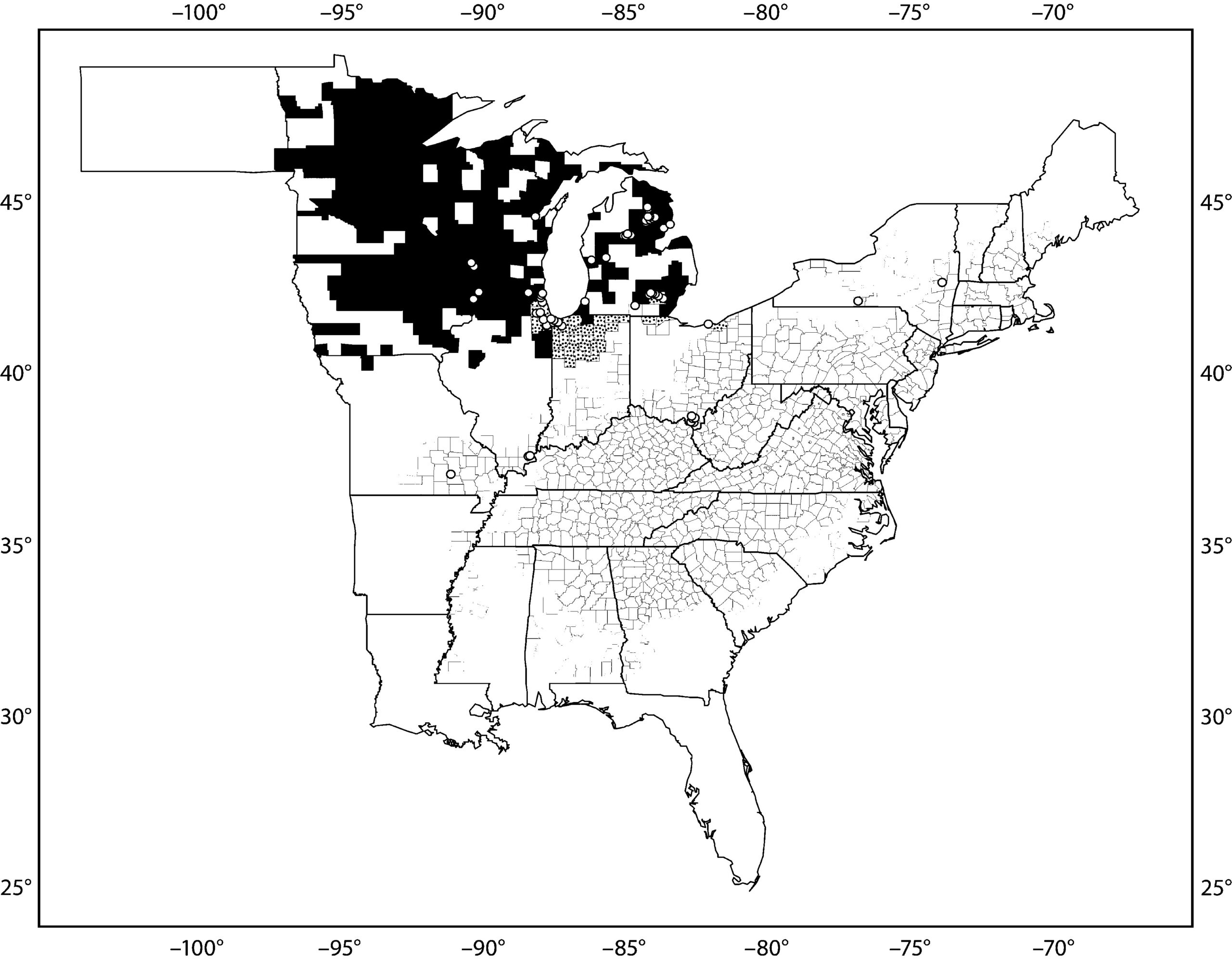 A map of oak species distributions in the eastern United States.