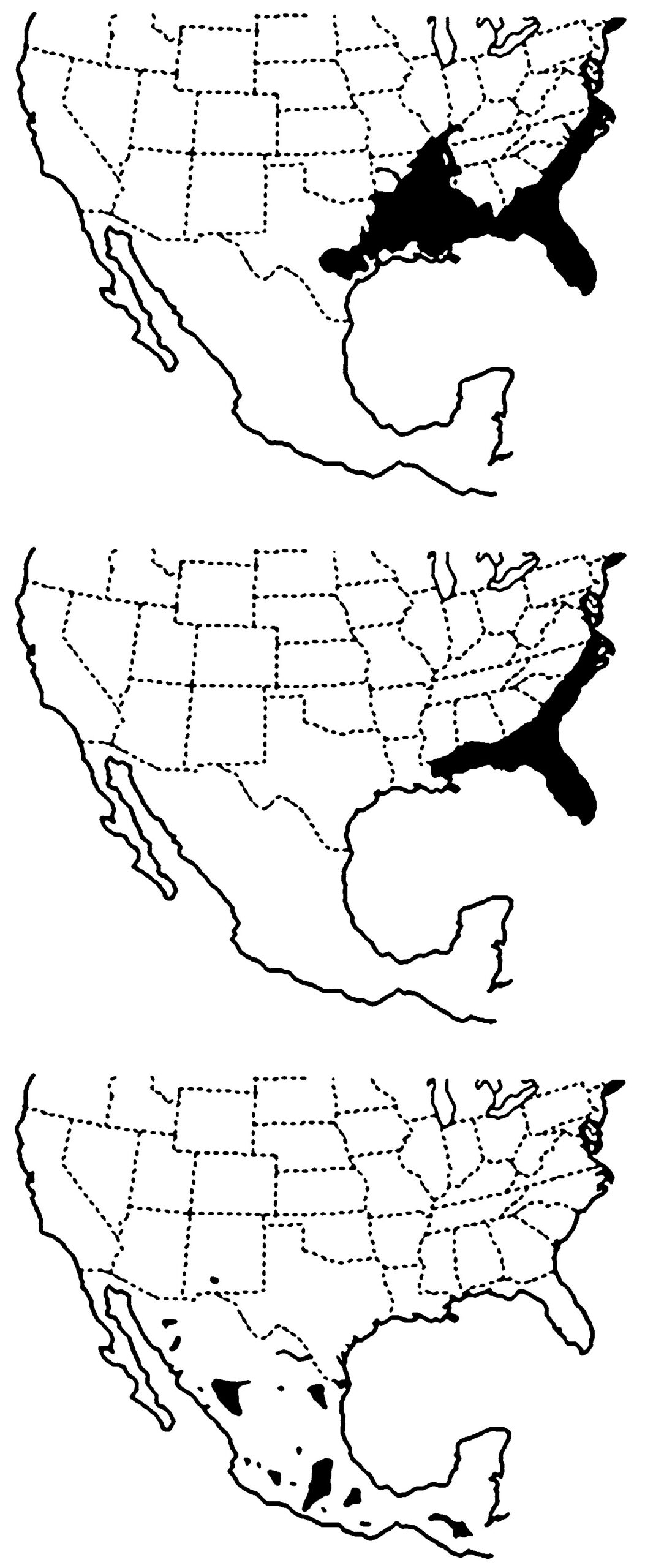 A set of three range maps for Taxodium.