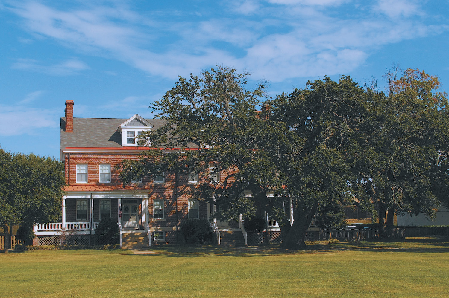 Photo of large live oak growing beside an old brick residence