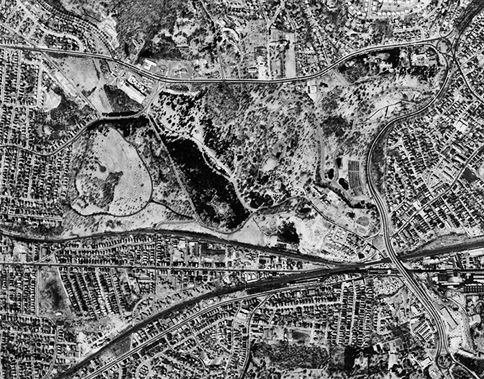 Bussey Brook Meadow, Aerial View, 1965 (Archives of Arnold Arboretum)