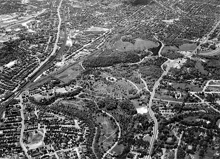 Bussey Brook Meadow, Aerial View, 1936 (Archives of Arnold Arboretum)