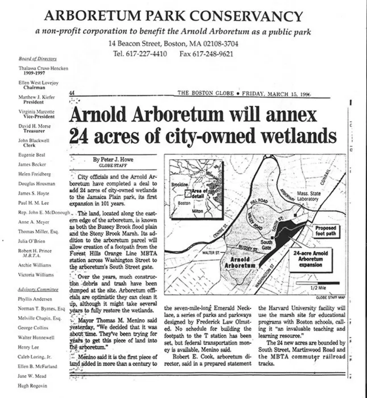 Boston Globe Article, March 1996 (Archives of Arnold Arboretum)