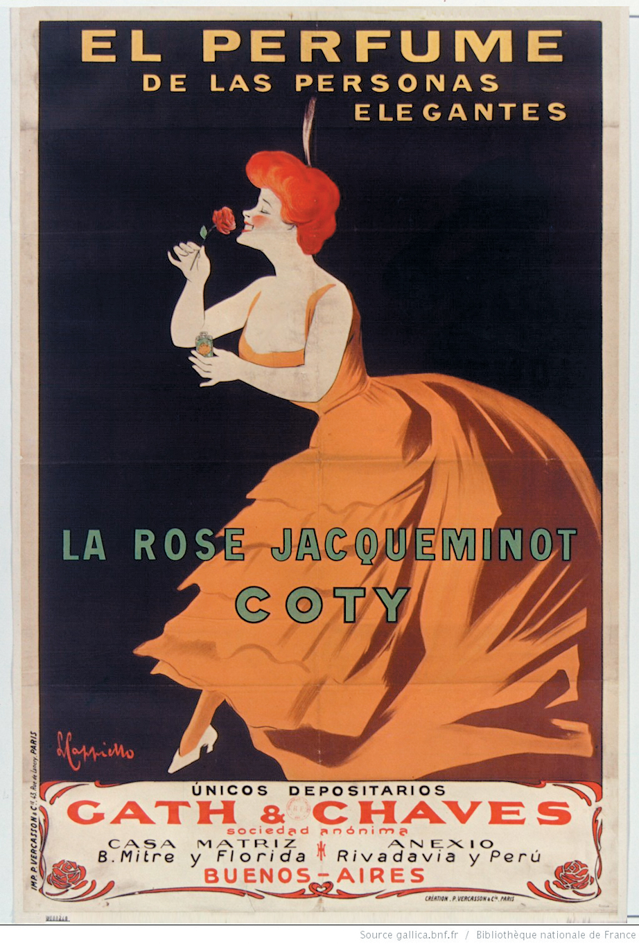 Illustration of woman sniffing red rose on perfume advertisement