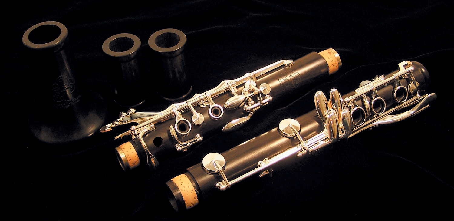A color photo of a disassembled clarinet, showing gaskets.