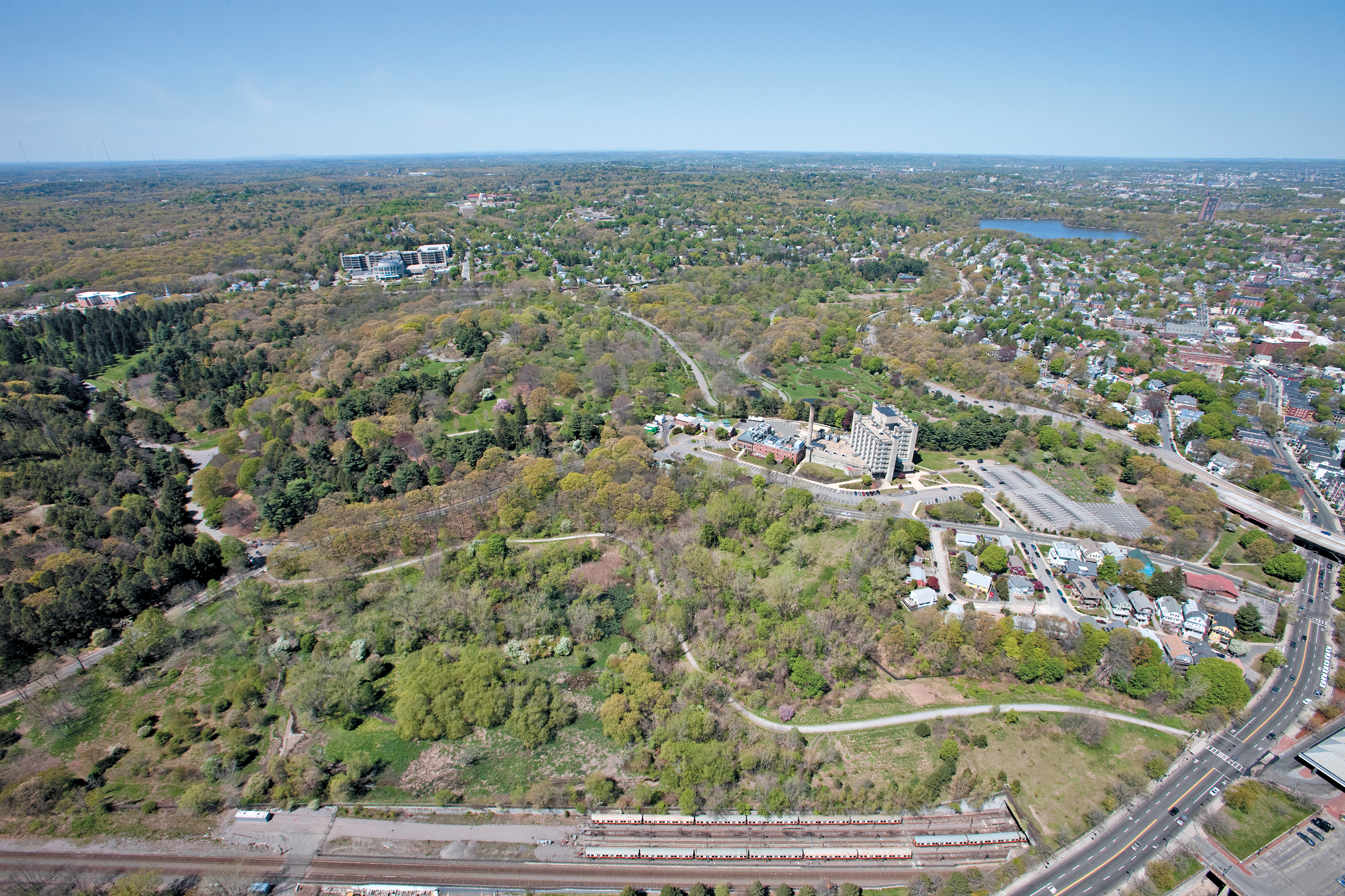 An aerial-view color photo of Bussey Brook Meadow.