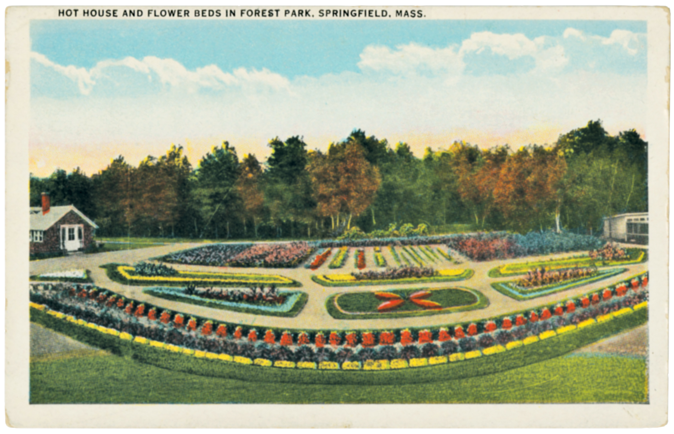 A postcard depicting a flower park.