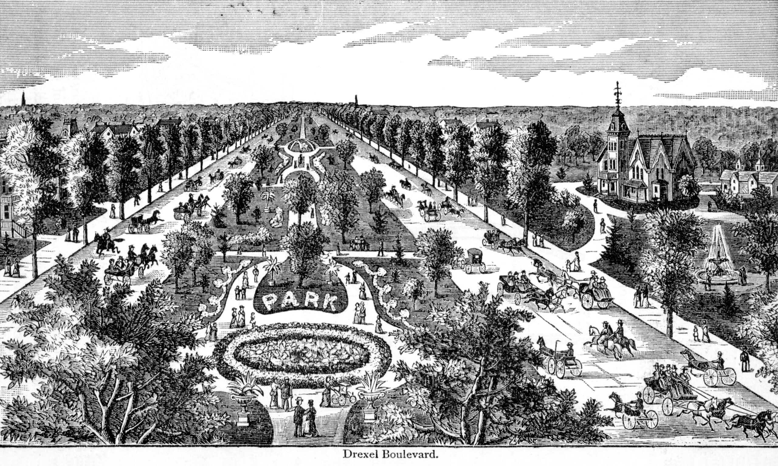 A black and white image of a flower park.