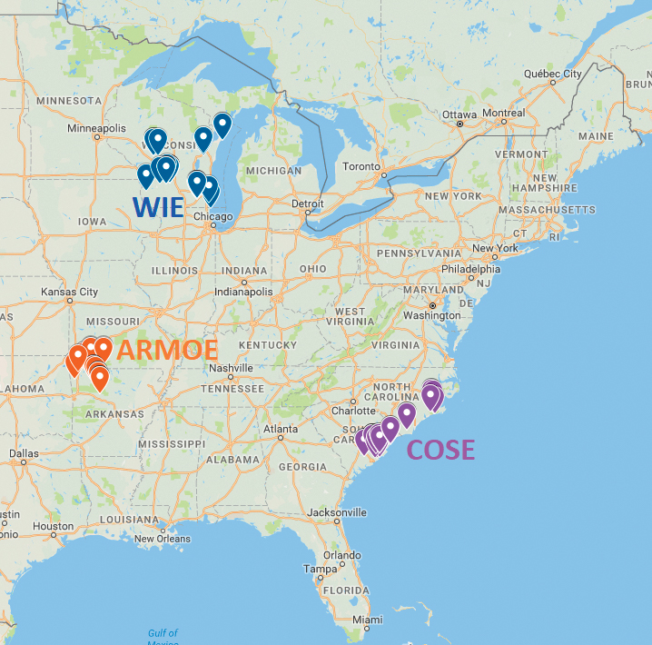A map of the eastern United States.