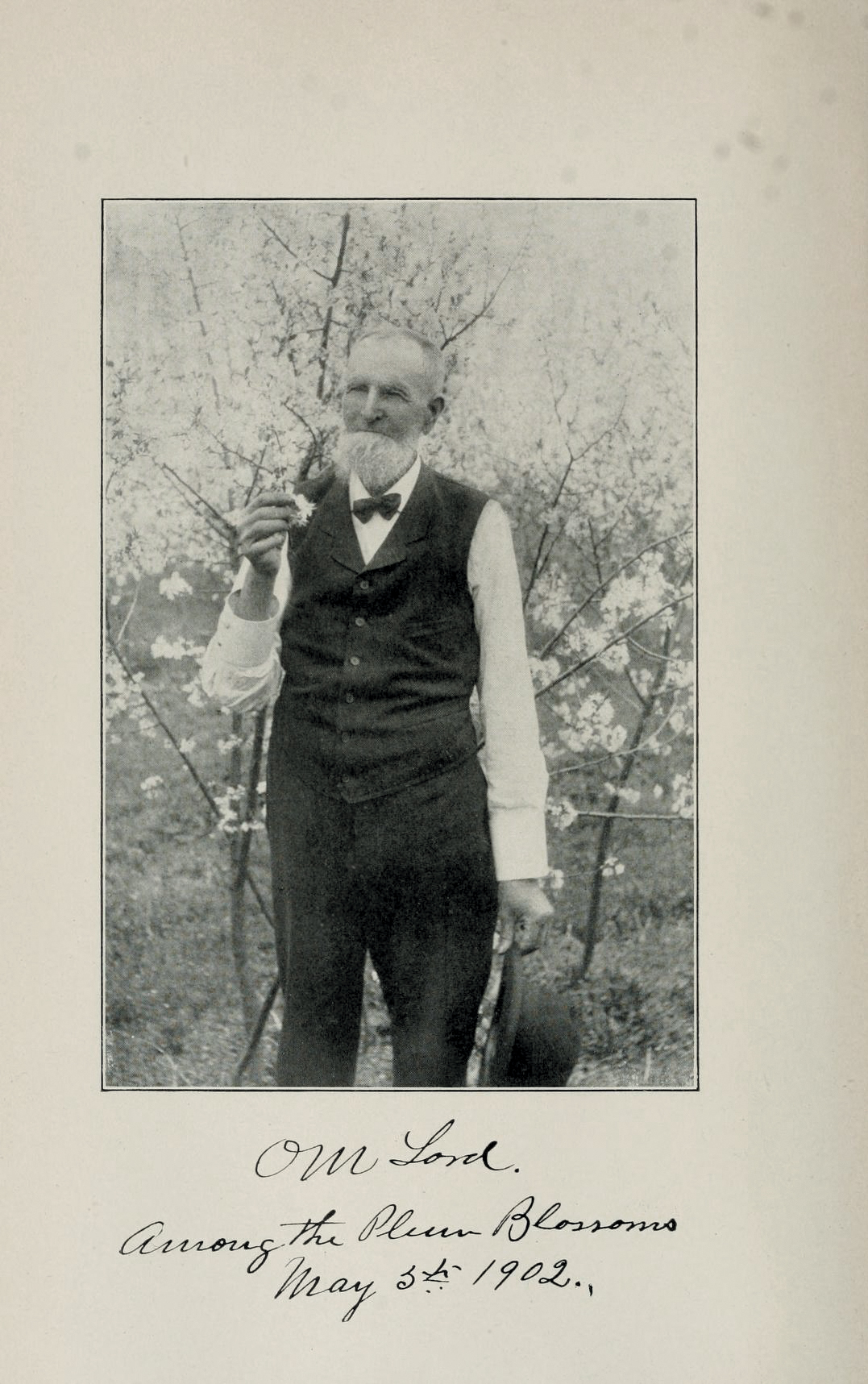 A black and white photo of a man standing by a fruit tree.