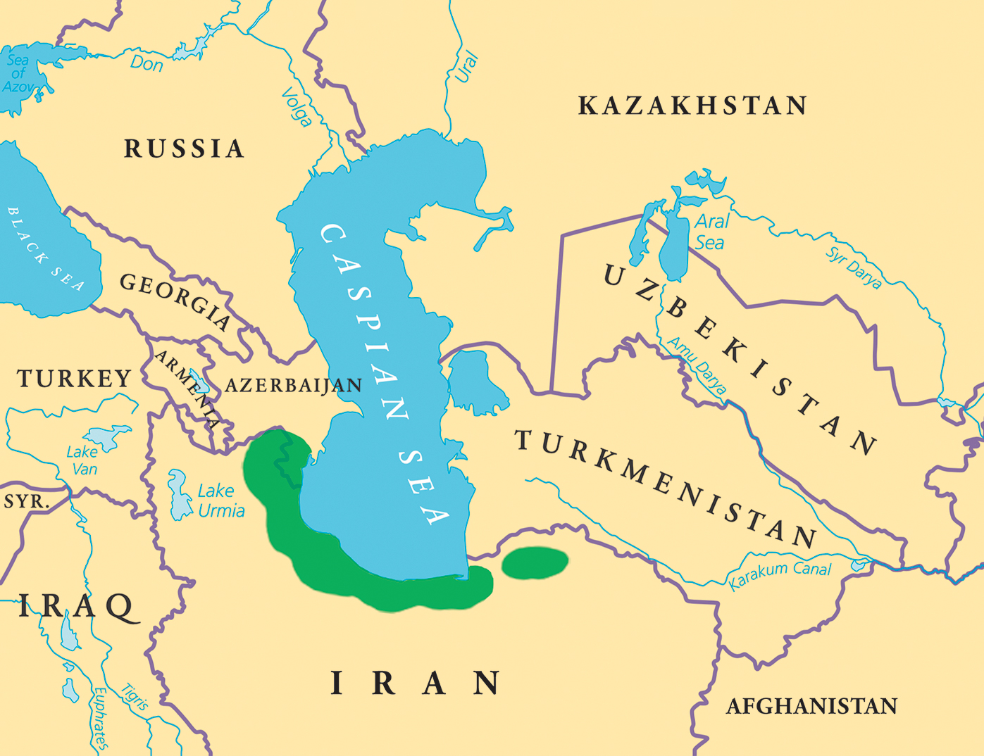 A color map of the native range of Quercus castaneifolia.