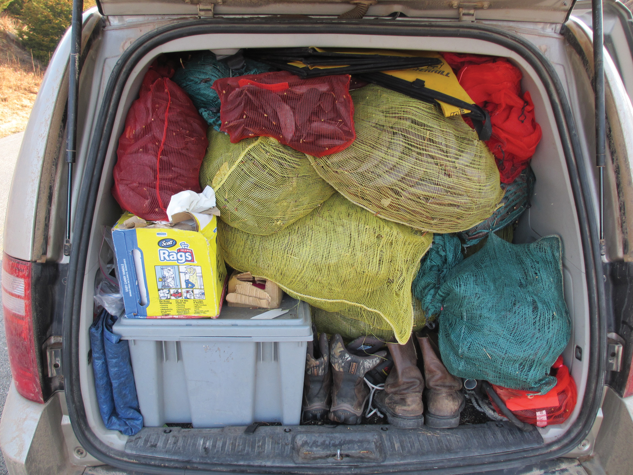 Photo of seed bags and equipment packed into back of van
