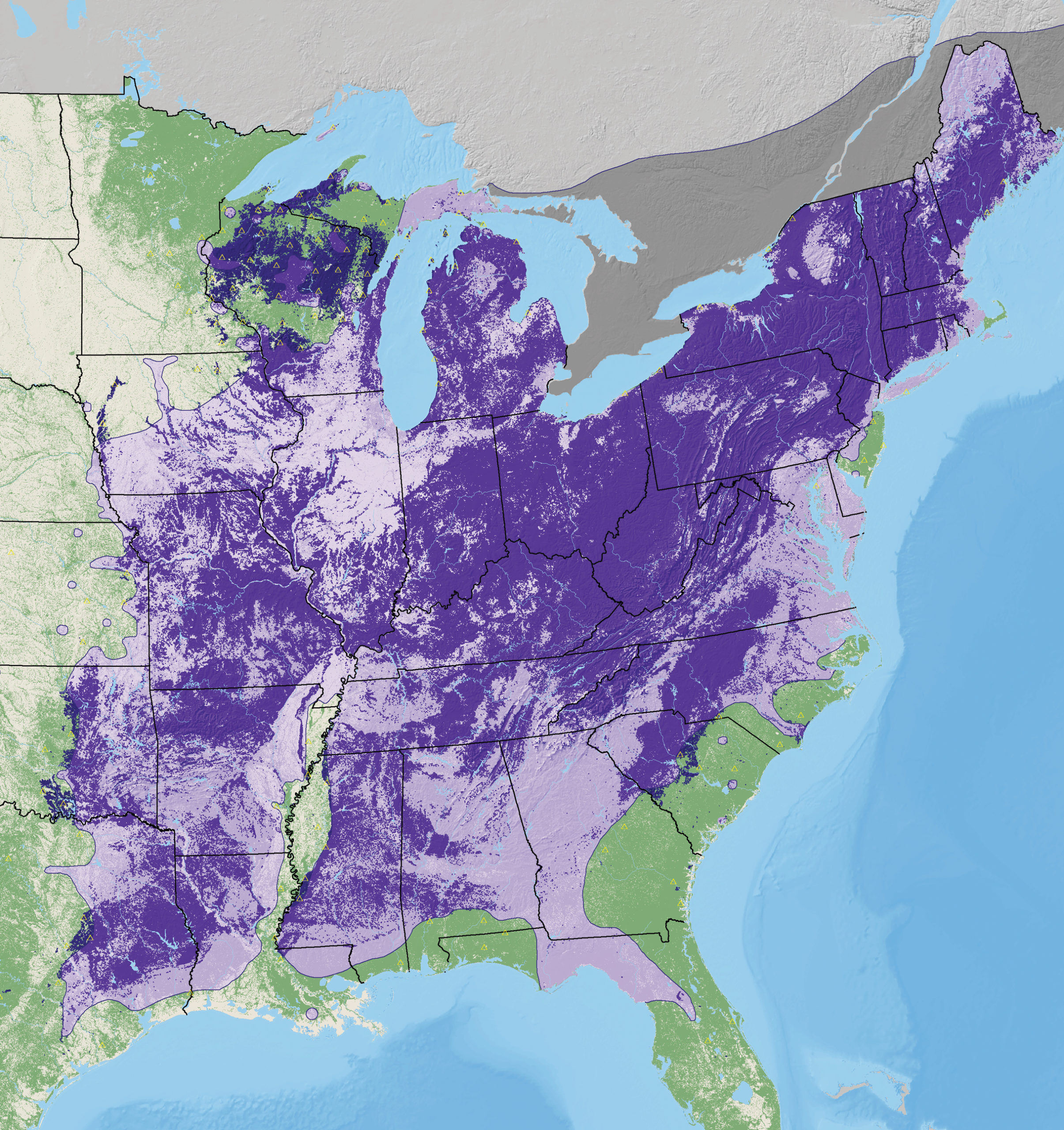 Map of eastern North America showing range of american ash