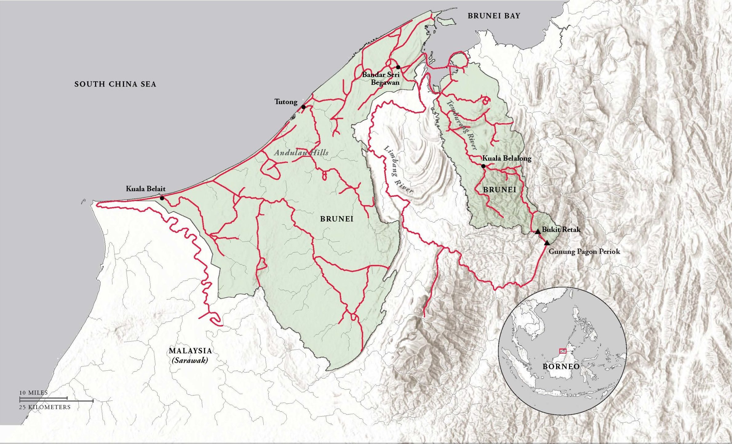 Map of Brunei with red lines marking routes of collection