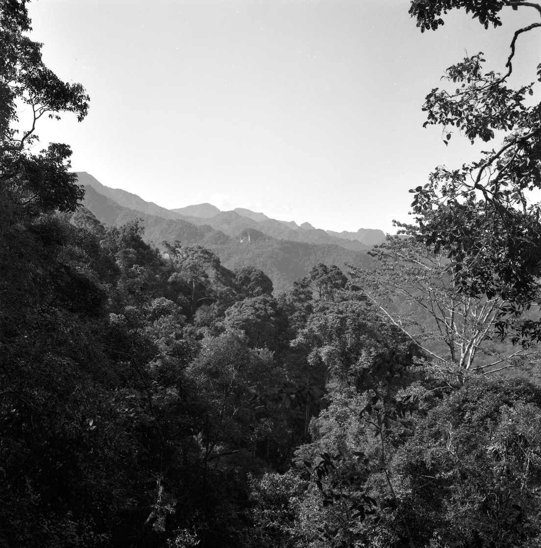 Black-and-white photograph of mountains