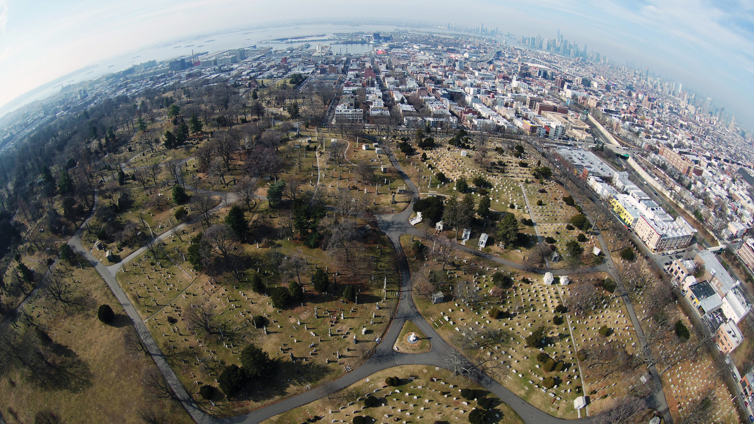 Aerial photograph of cemetery with Manhattan skyline on horizon