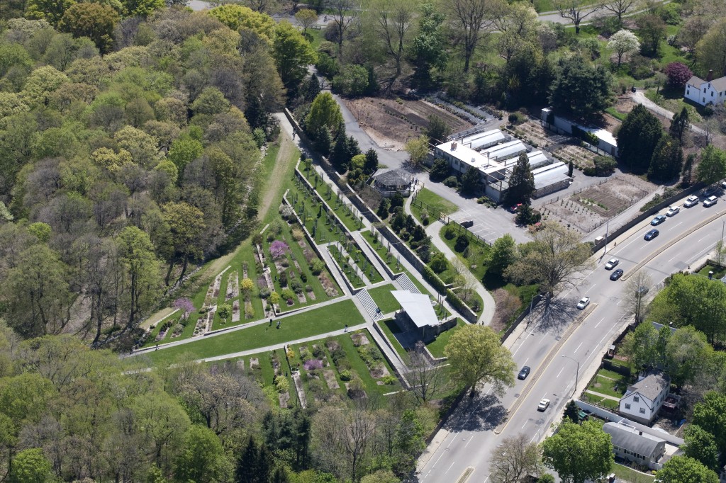 Aerial photograph of Leventritt Shrub and Vine Garden, Larz Anderson Bonsai Collection, and Dana Greenhouses