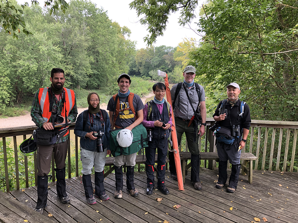 (Left to right) Sean Halloran, Xinfen Gao, Jared Rubinstein, Tao Deng, Andrew Gapinski, and Kang Wang at the Edge of Appalachia Nature Preserve in southern Ohio on the first day of collection. Photo by Greg Payton.