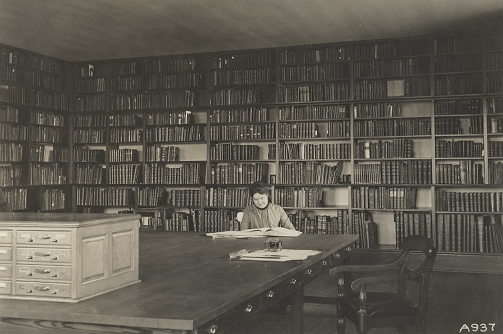 Miss Virginia Keyes at the library desk, 1902