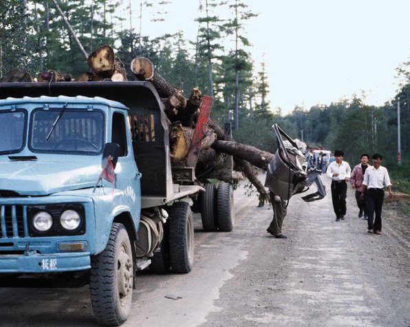 Photo of people gathered around logging trucks with spilled logs
