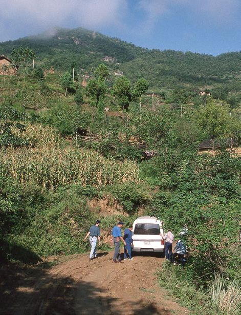 Photo of truck stuck on muddy mountain road