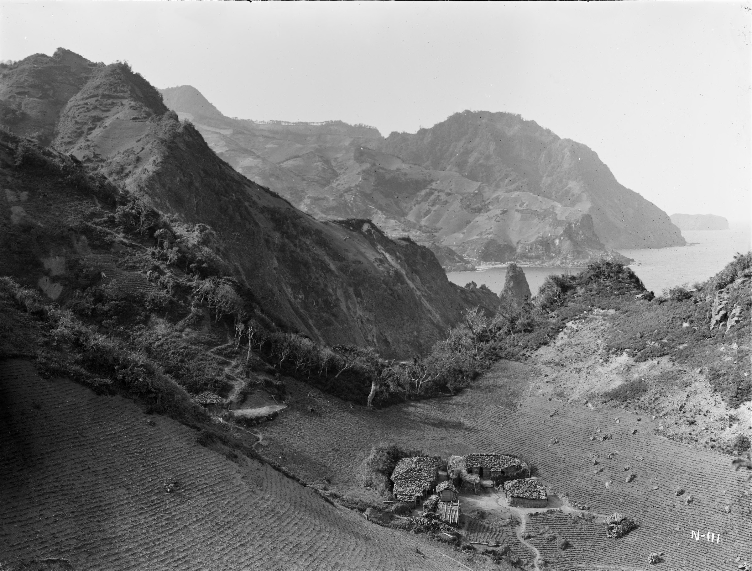 Black-and-white photograph of montane seaside