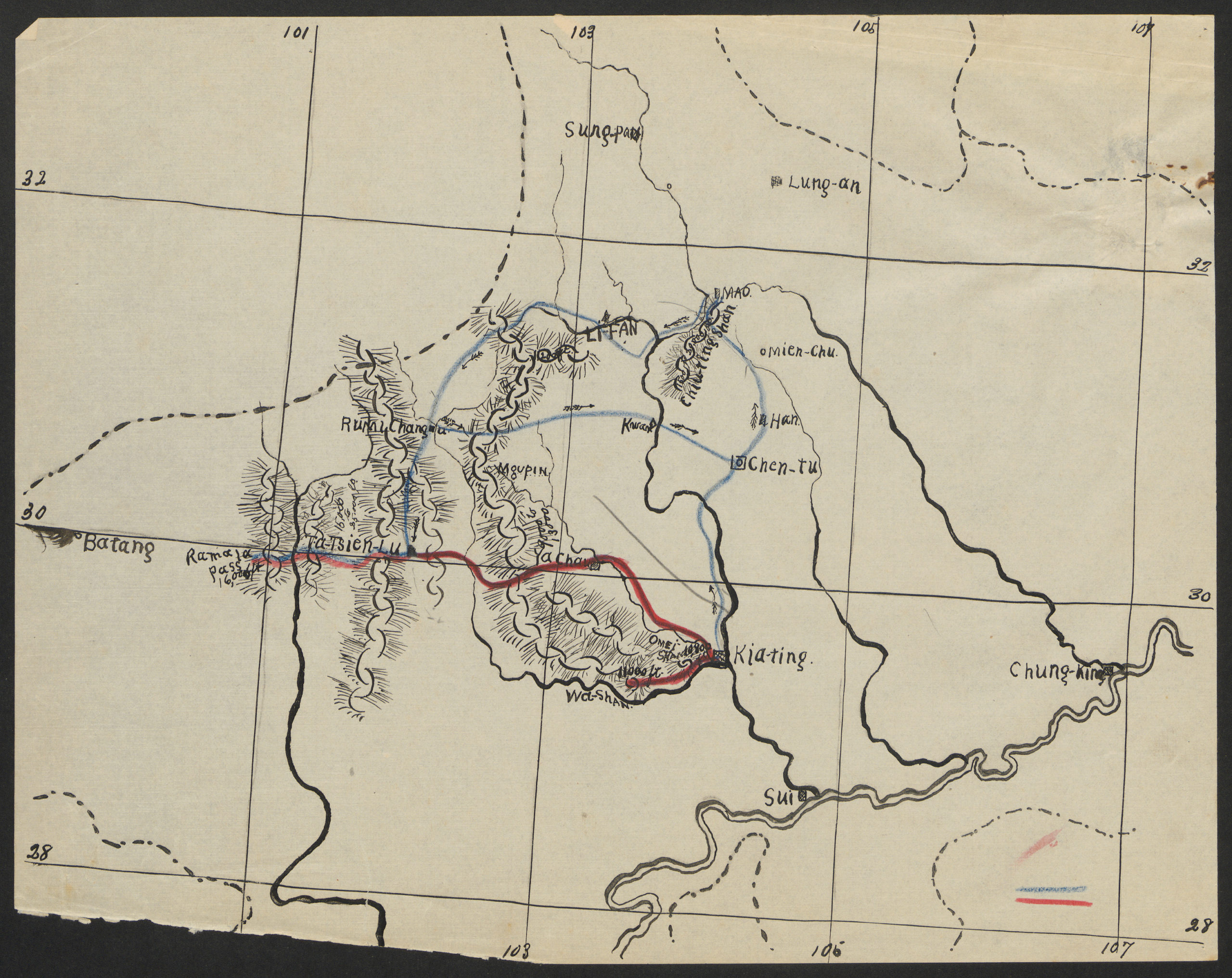 Hand-drawn map with red and blue routes bisecting rivers and crossing mountains