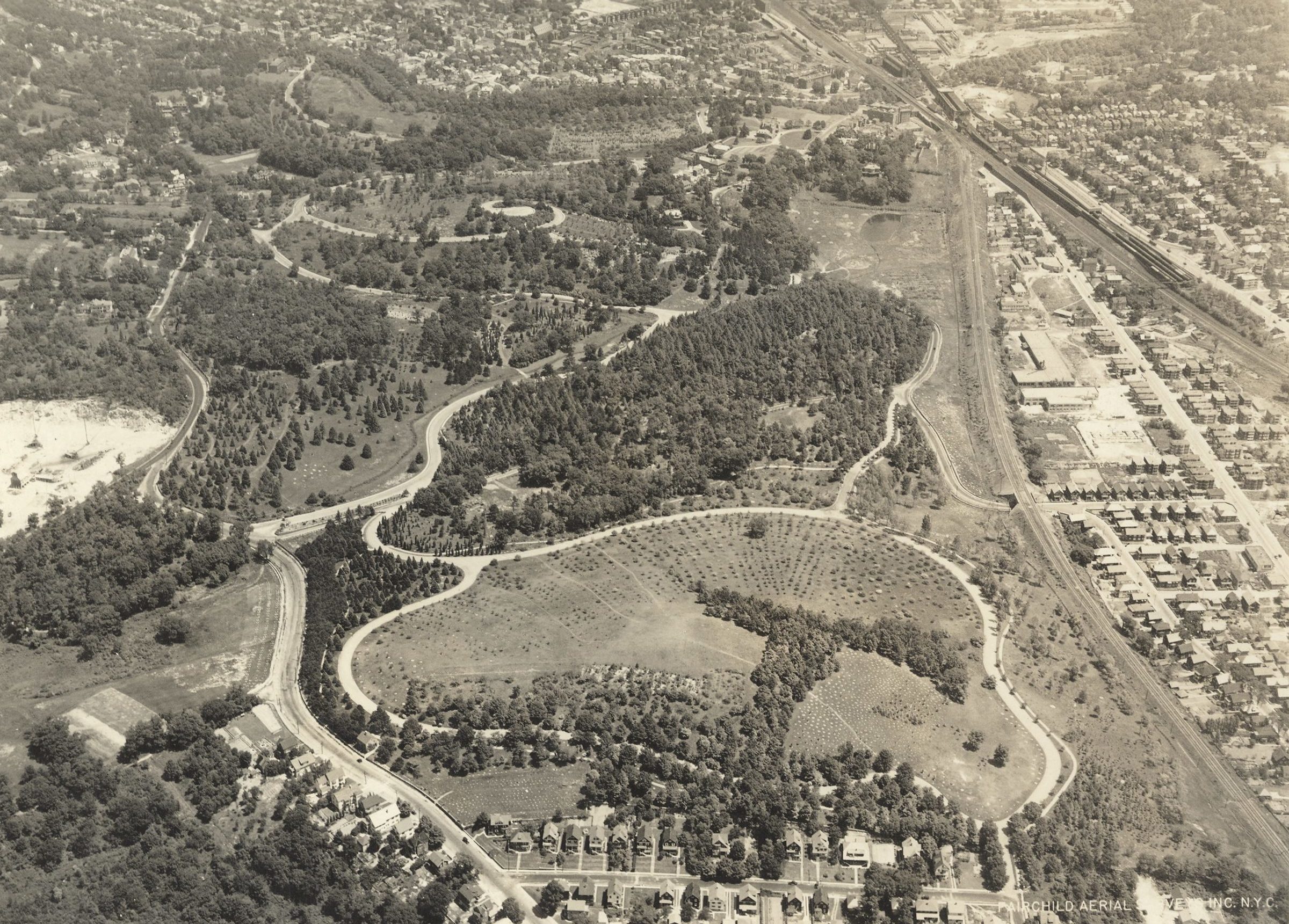 Black-and-white photograph showing the Arboretum from above