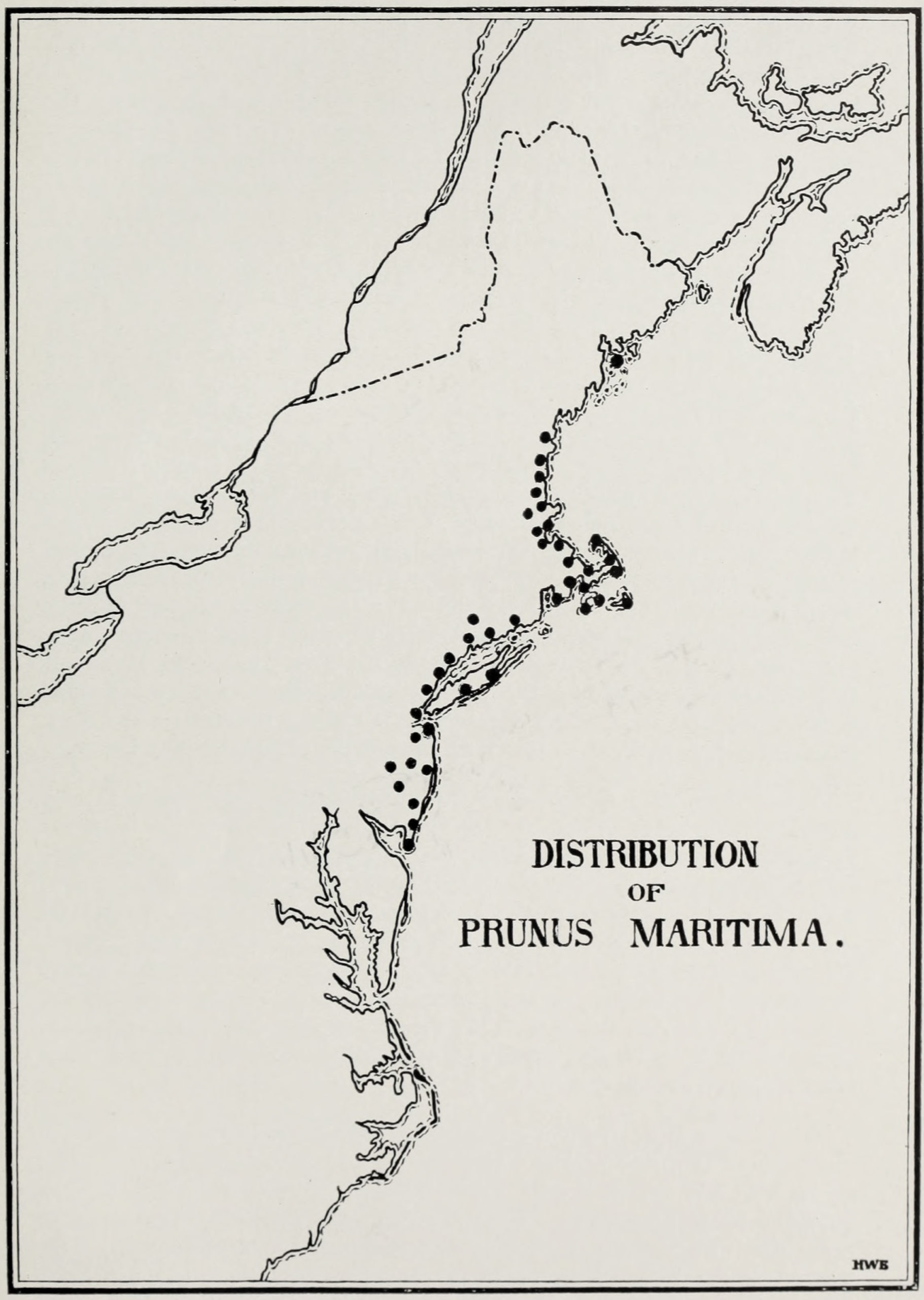 Map of New England pinpointing populations of beach plum