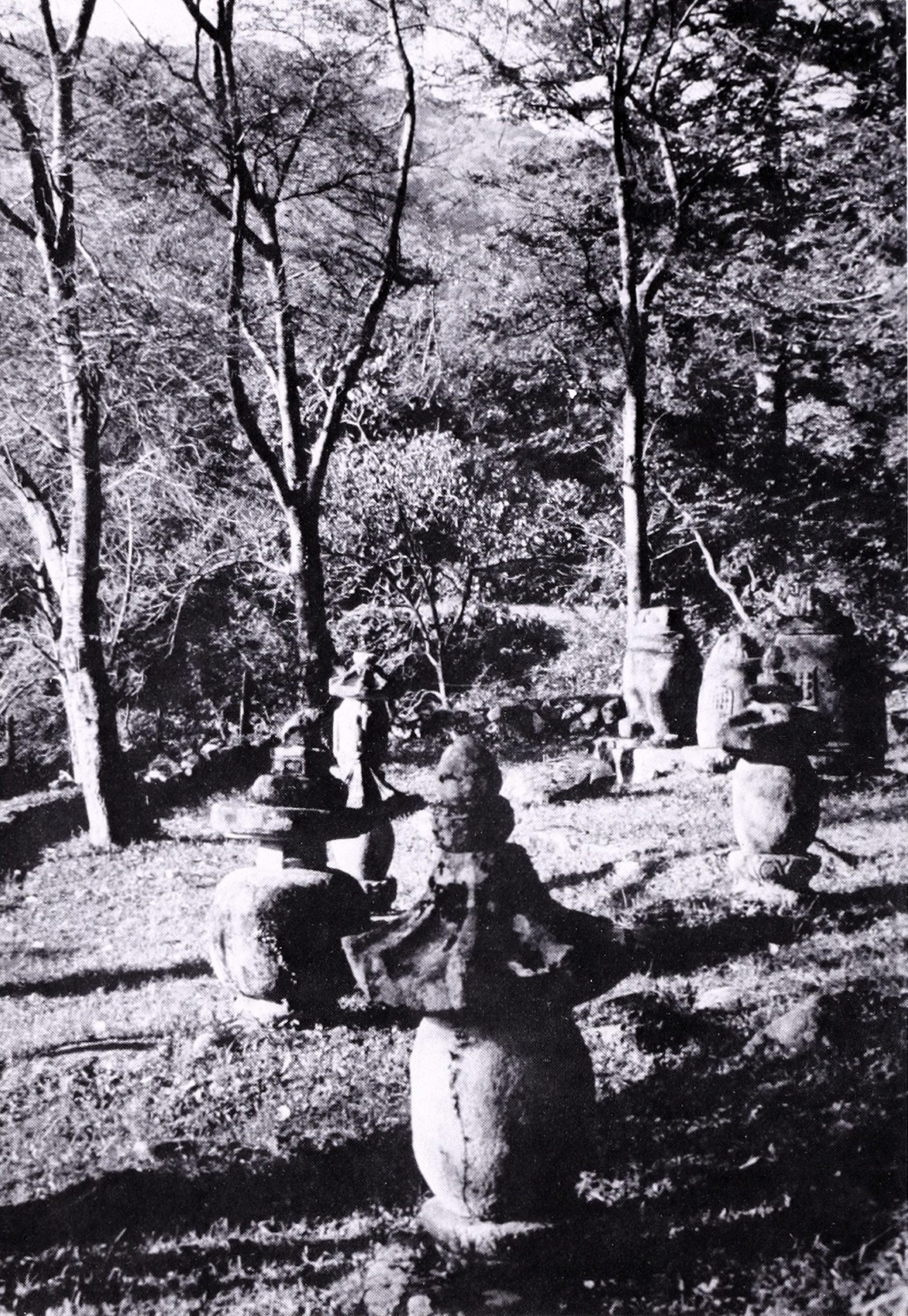 Black-and-white photograph showing stone urns set in manicured garden