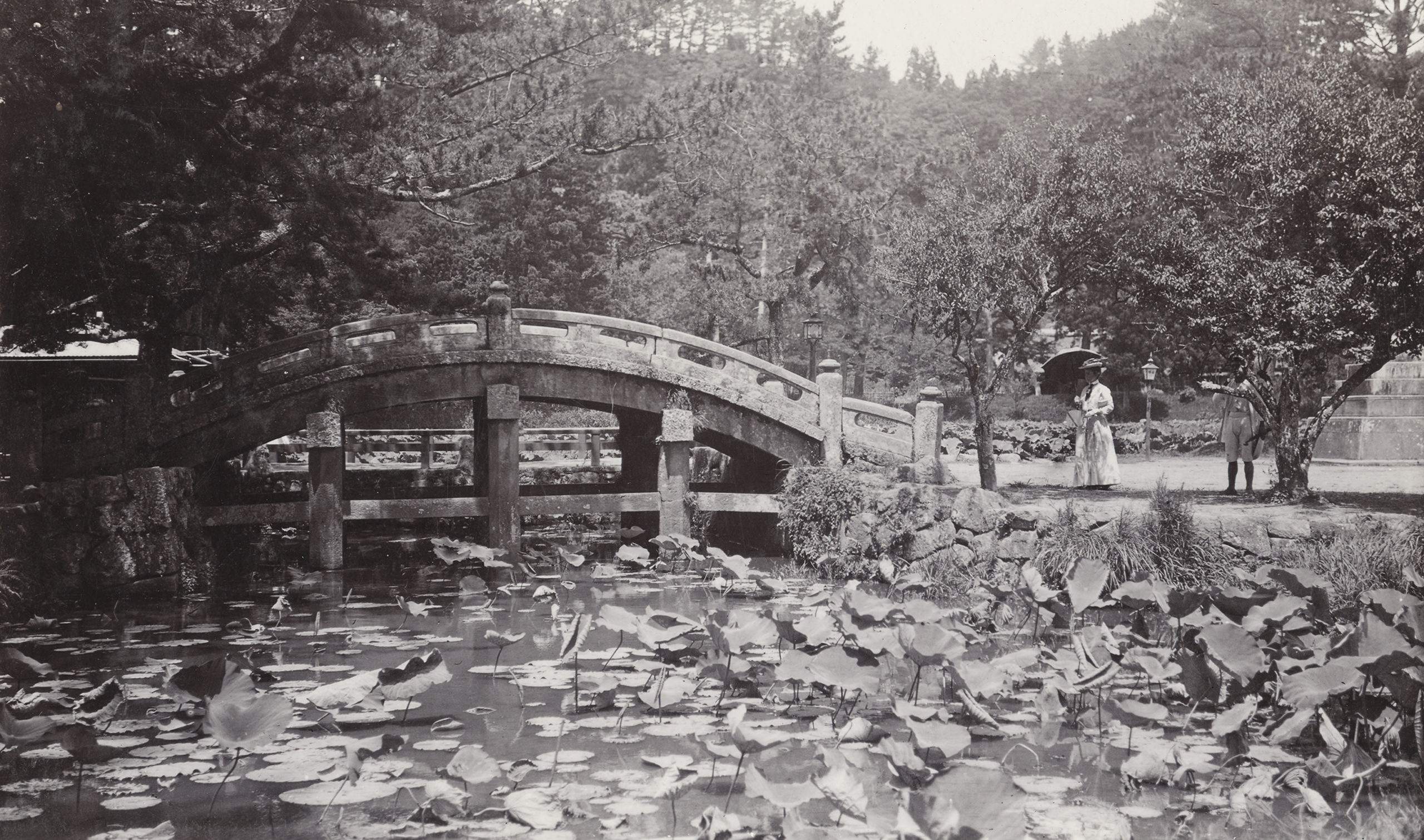 John Jack photographed a stone bridge at the Lotus Hachiman temple in Kamakura, Japan on July 28, 1905.