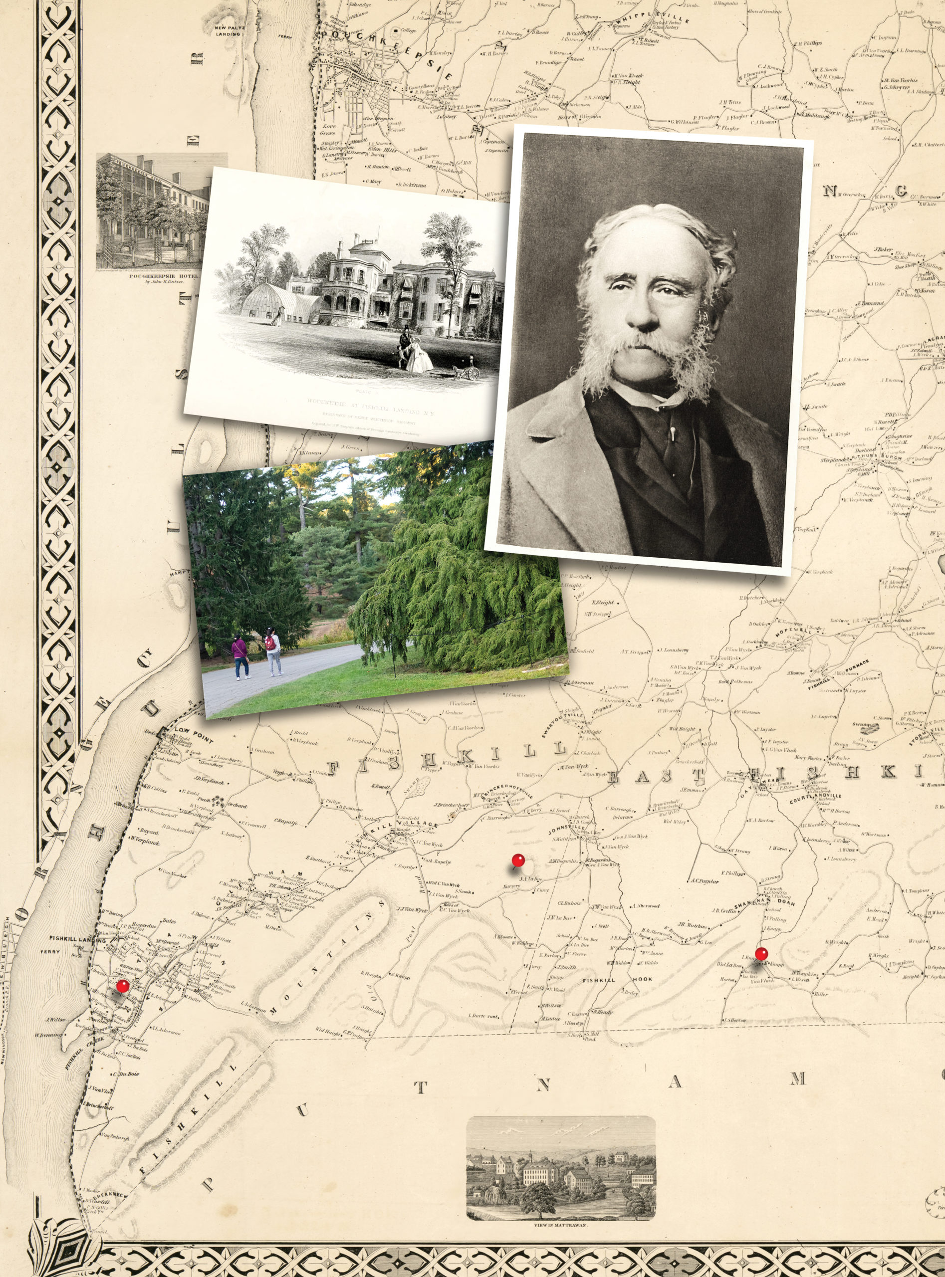 Composition showing map of Hudson River Valley, photo of weeping hemlock, engraving of house at Wodenethe, and portrait of Henry Winthrop Sargent