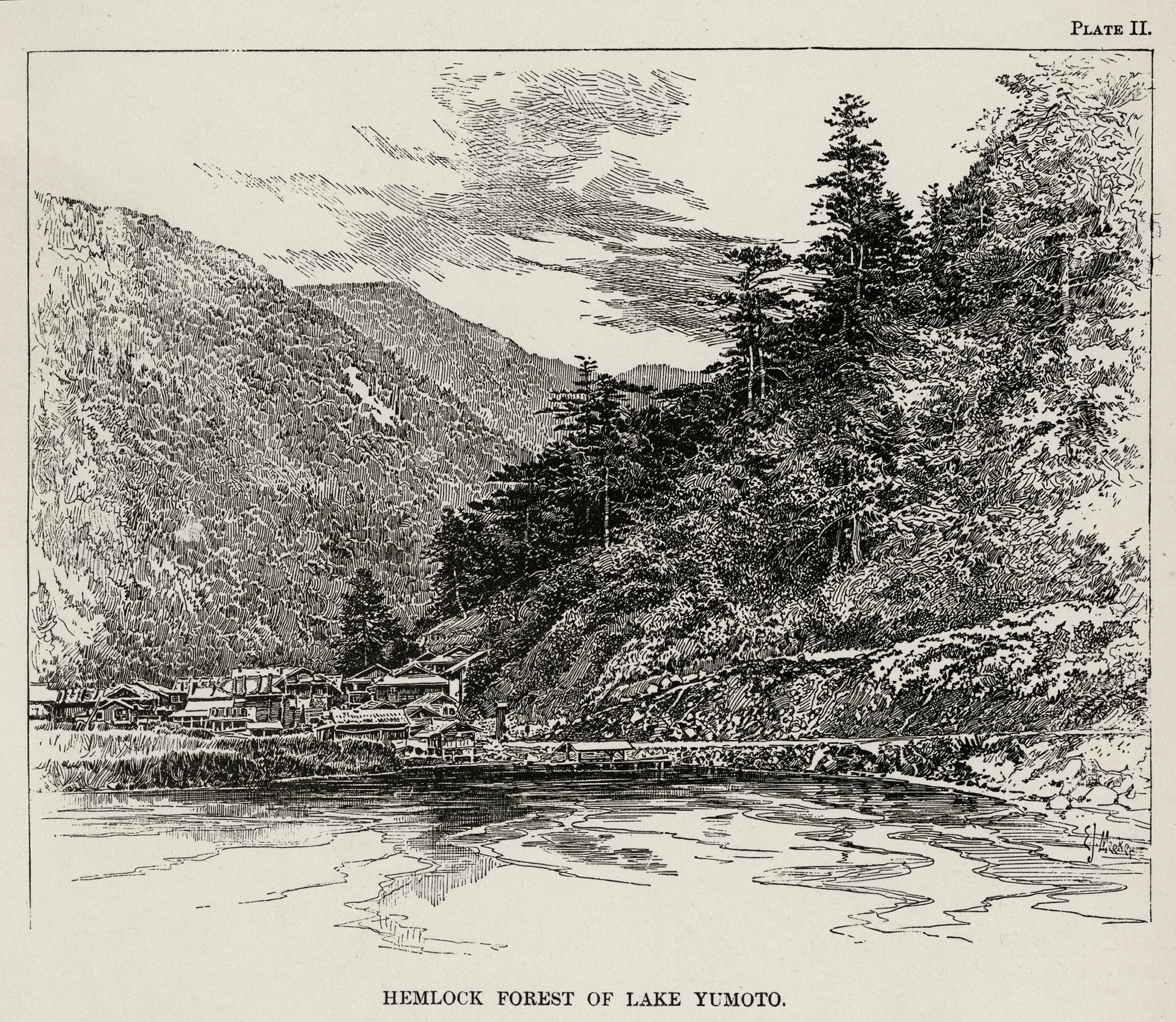 Lake Yumoto, near Nikko, Japan, in a wood engraving by E.J. Meeker from Charles Sargent's Forest Flora of Japan, 1894.