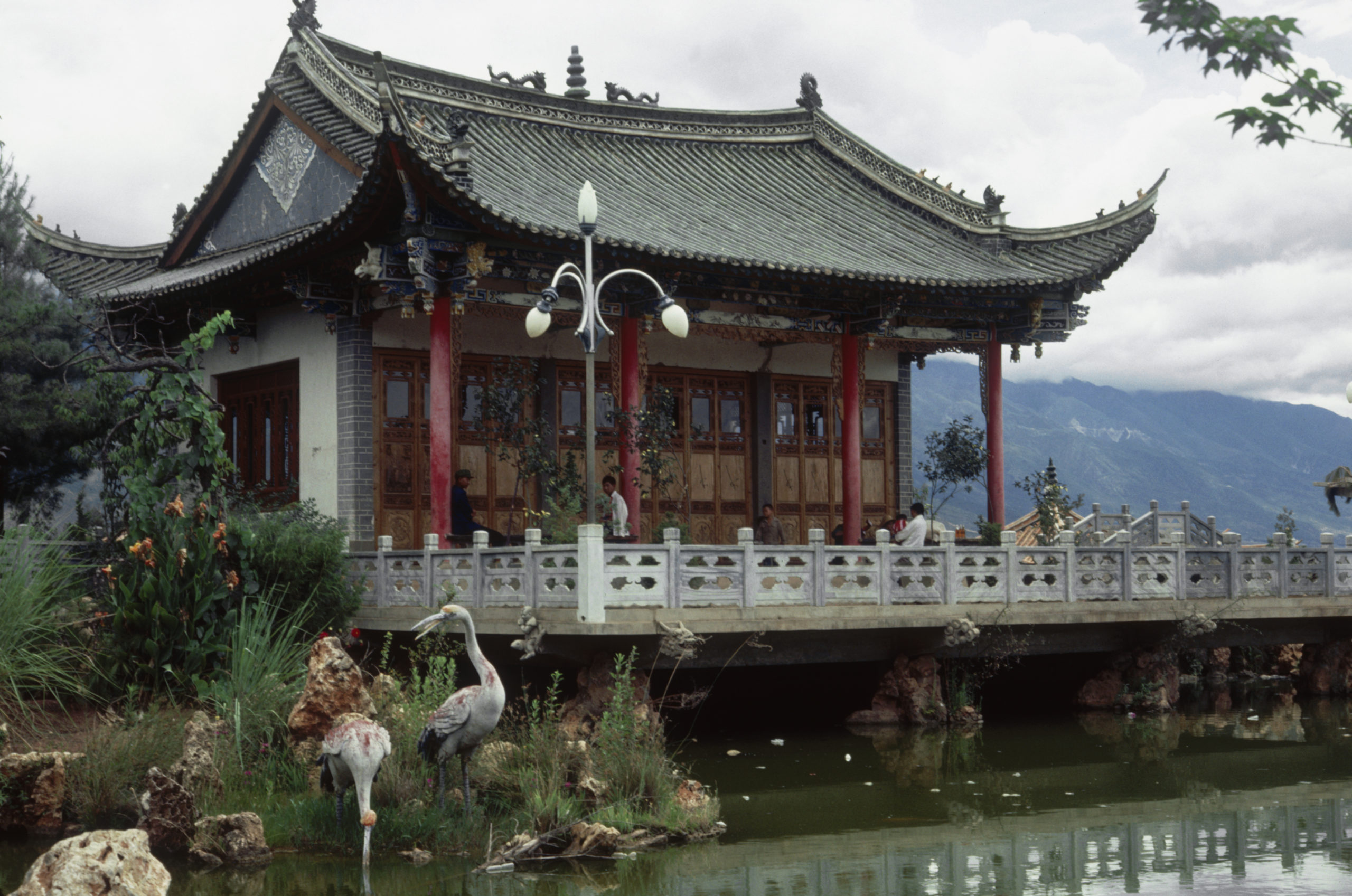 The façade of a pavilion in the botanical garden at Er Hai Gong Yuan park at the south end of Er Hai Lake, Dali, Yunnan.