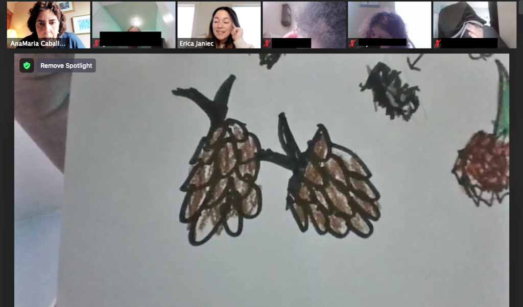 pine cone drawings during digital nature buddies program
