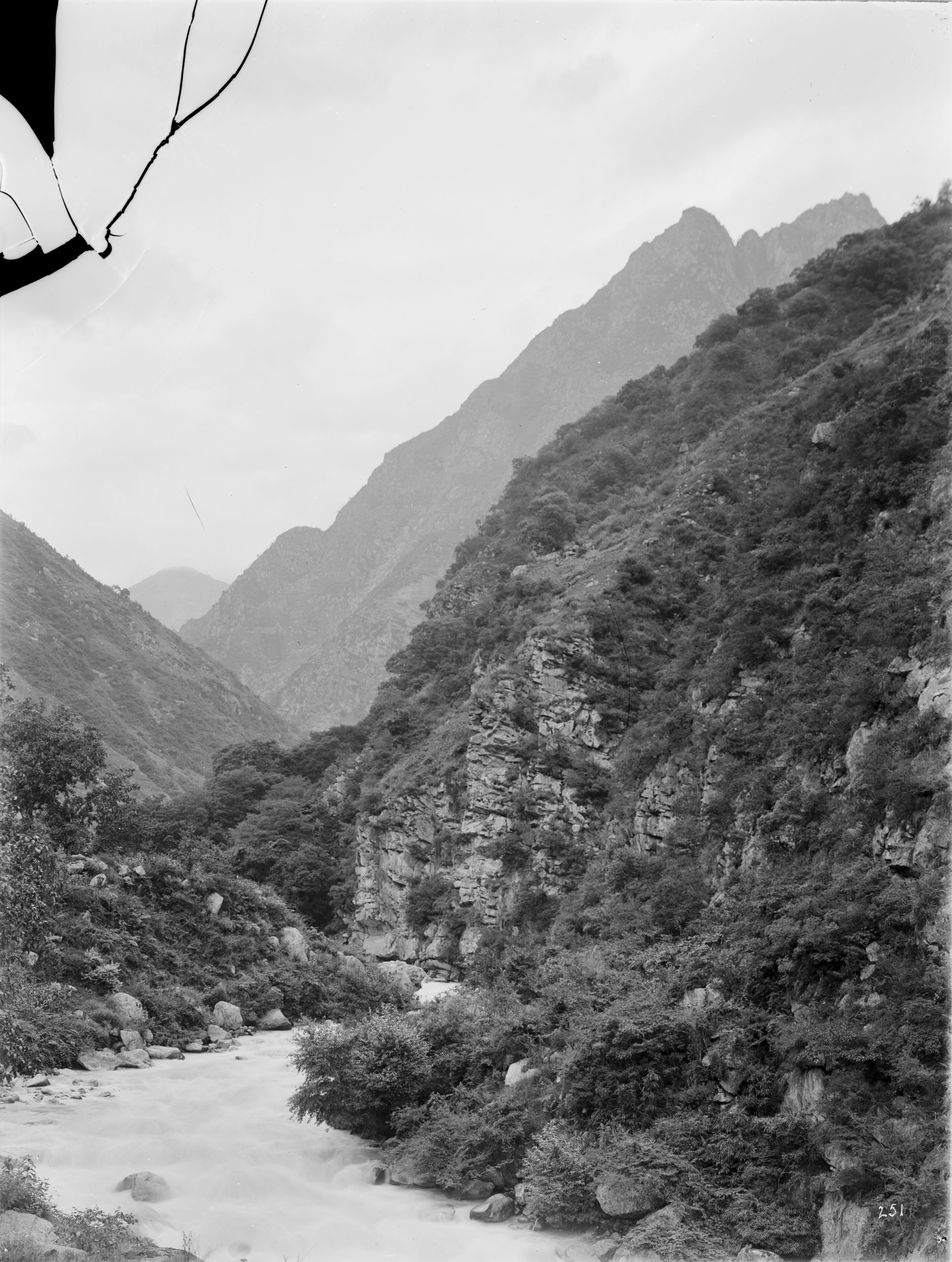 View in a ravine of the Zheduo (Tachien lu) River, Kangding, Sichuan Province, 5 miles from its mouth. Ernest Wilson photographed this scene in July 1908.