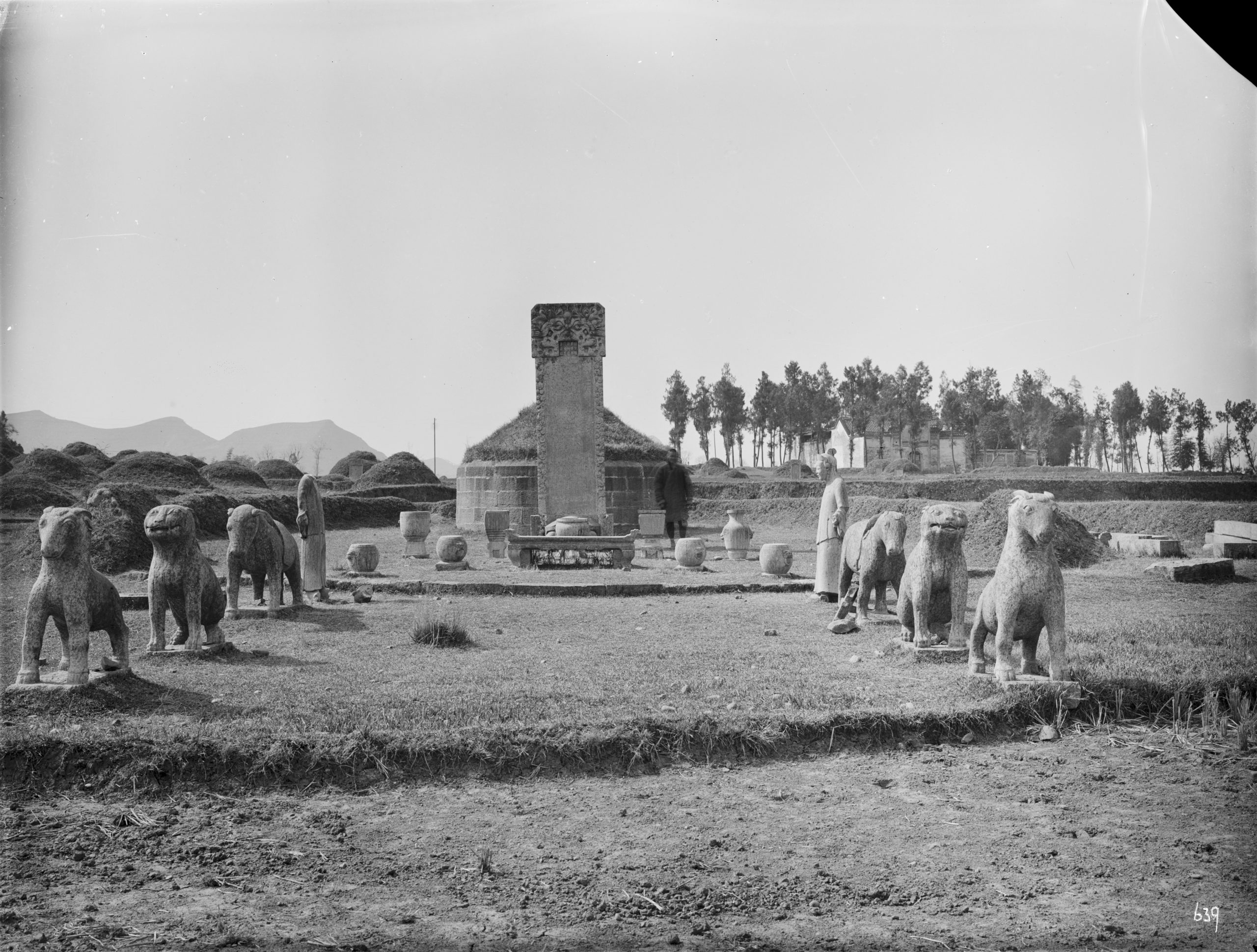 Ernest Wilson photographed this tomb with stone effigies of horses, tigers, cats, deer, and men. A temple and Chinese weeping cypress (Cupressus funebris) may be seen behind.
