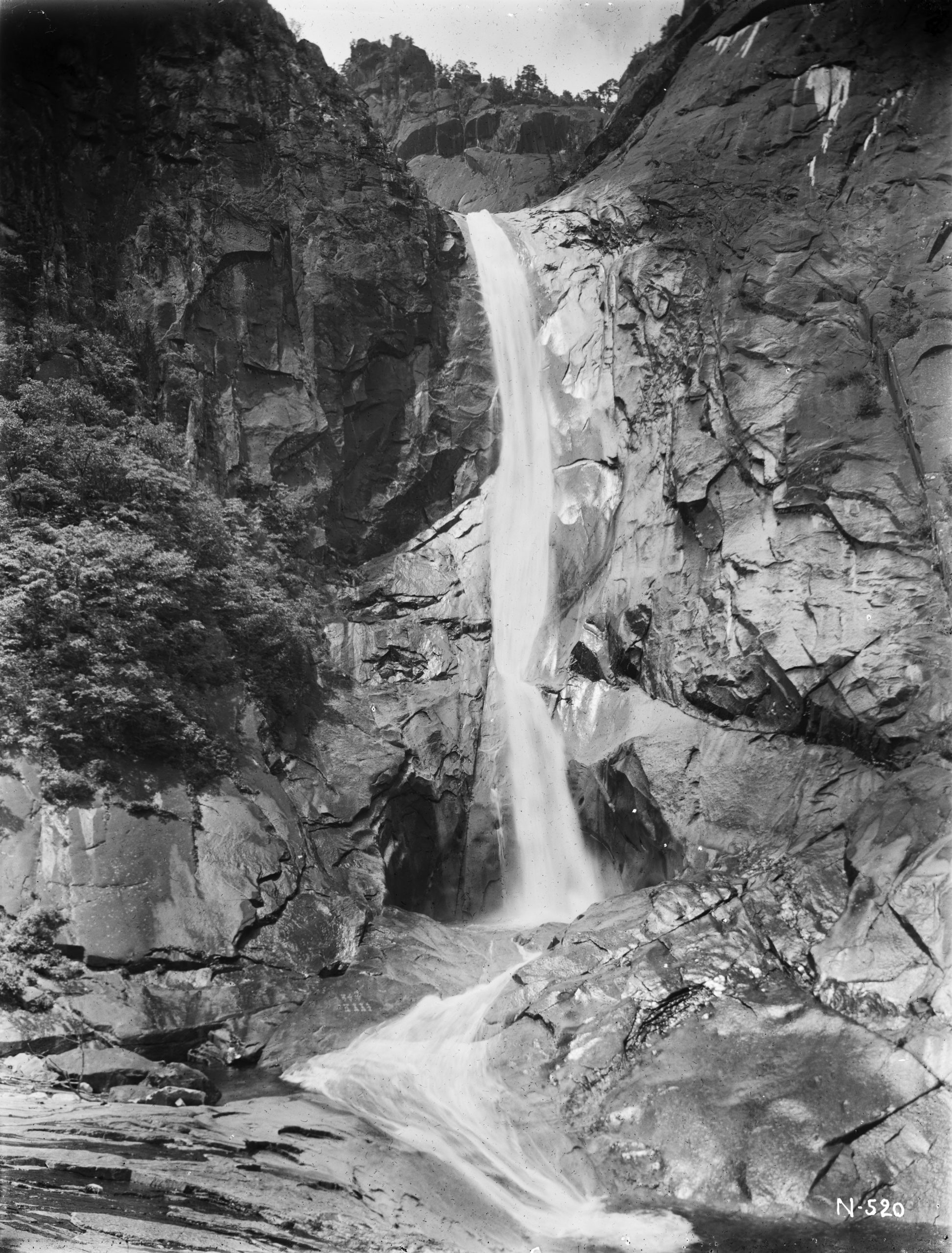The Kuryong (Kyuryuen) waterfall cascades 180 feet (55 meters) to the Nine Dragon Pool at its foot. Photograph by Ernest Wilson in the Kumgang Mountains July 1918.