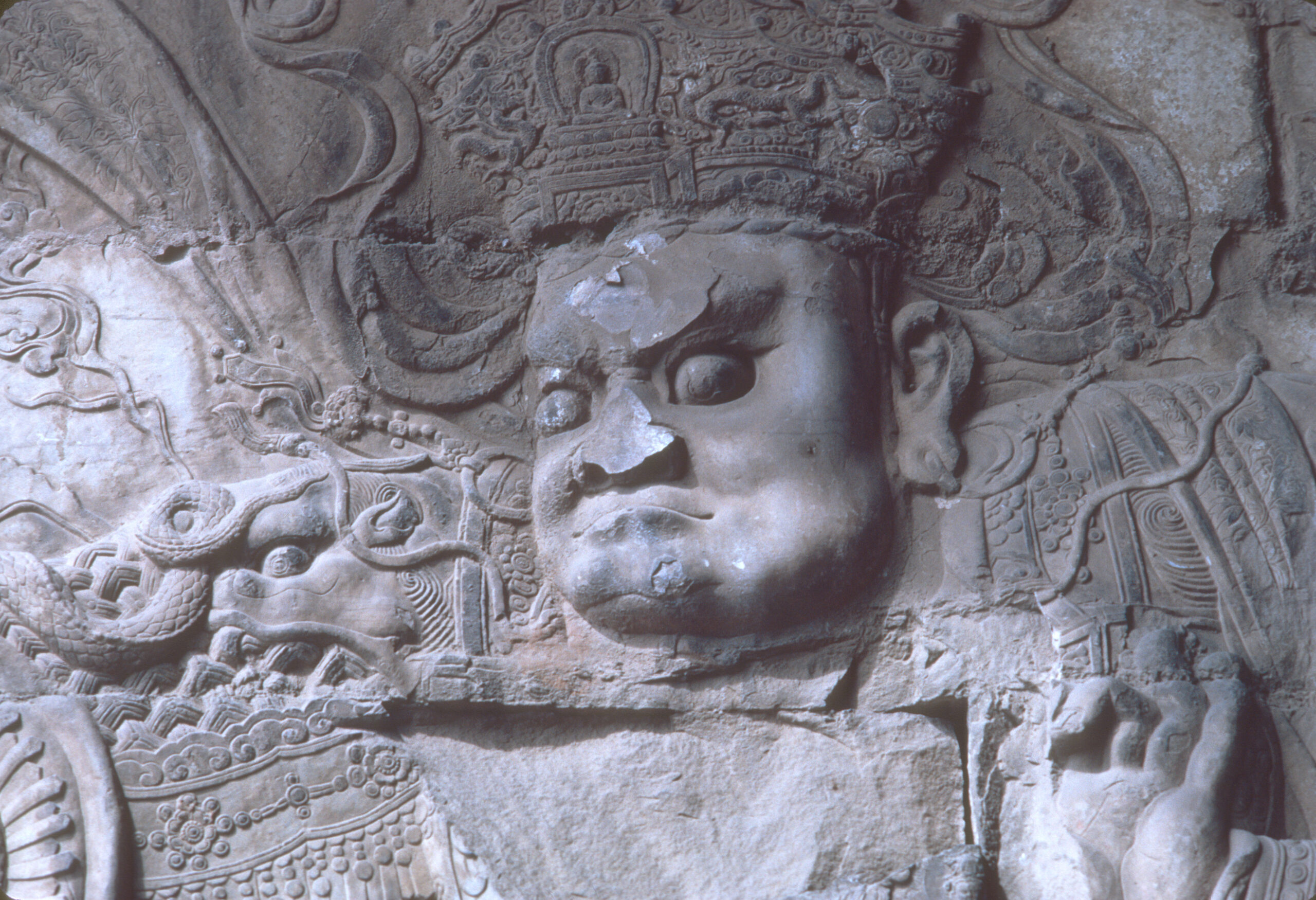 A bas-relief carving of one of the Four Heavenly Kings of Buddhism on the walls of the Cloud Platform at Juyong Pass of the Great Wall.