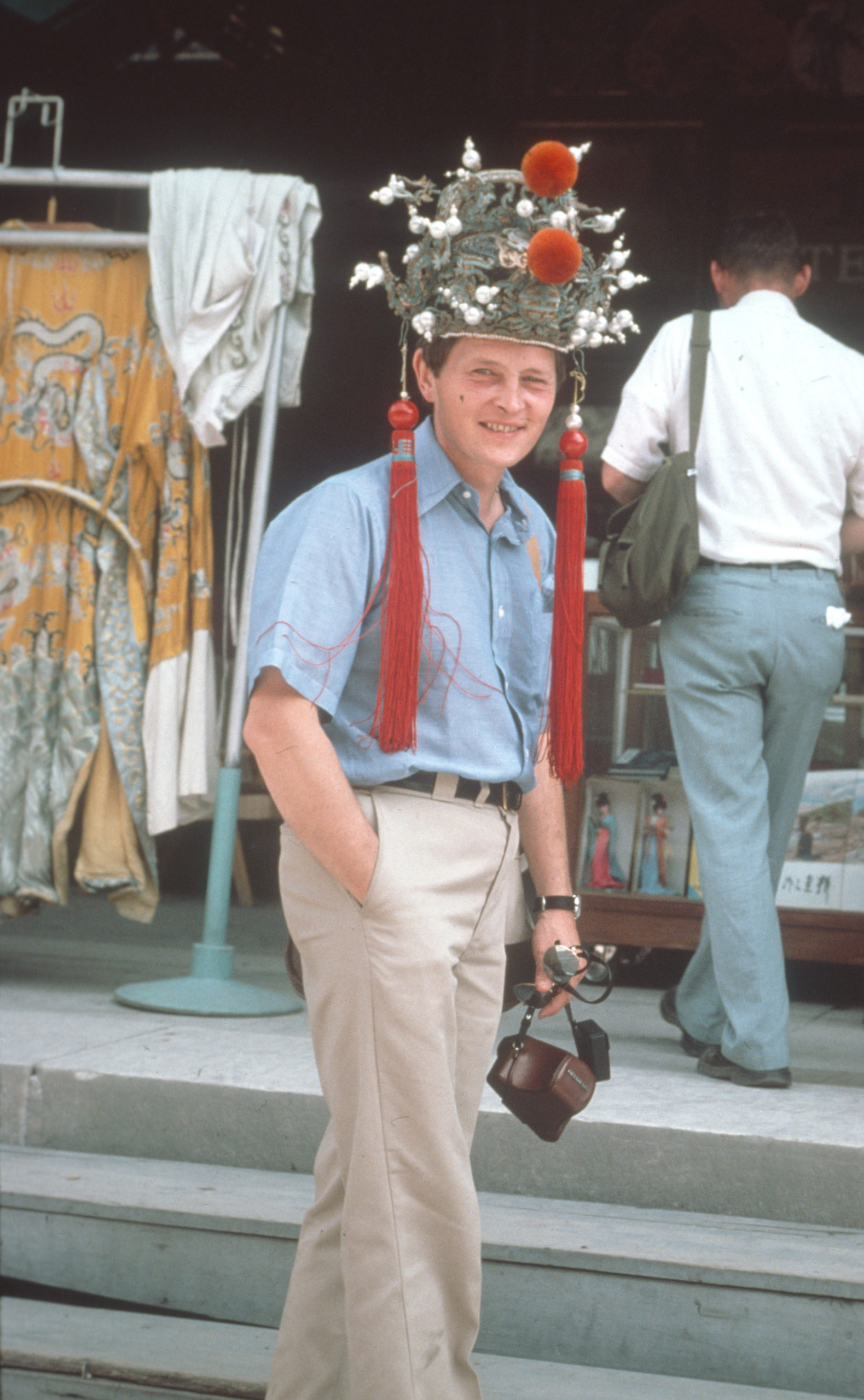 Steve Spongberg models a traditional style of Chinese headgear in Hubei Province in 1980.