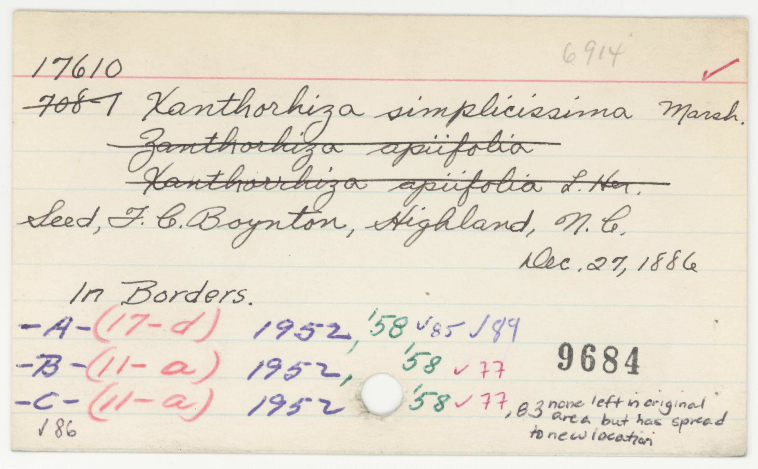 Handwritten index card showing collection records