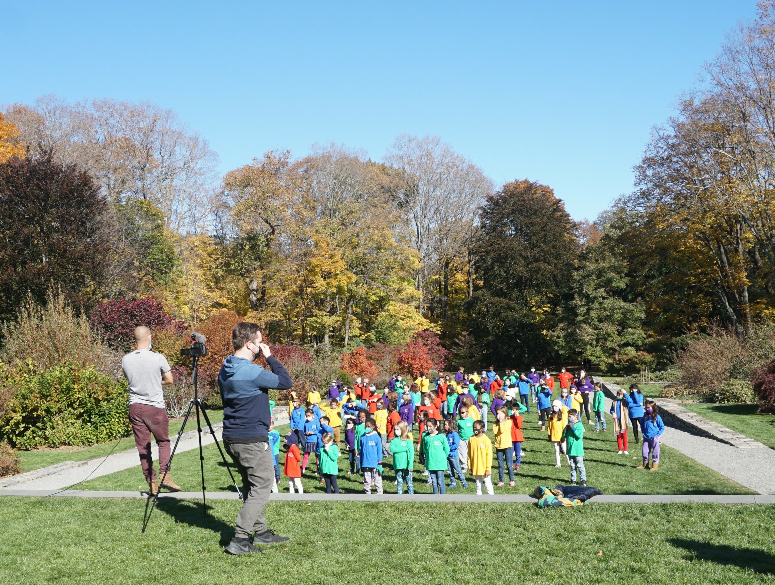 Many children on lawn with trees behind them