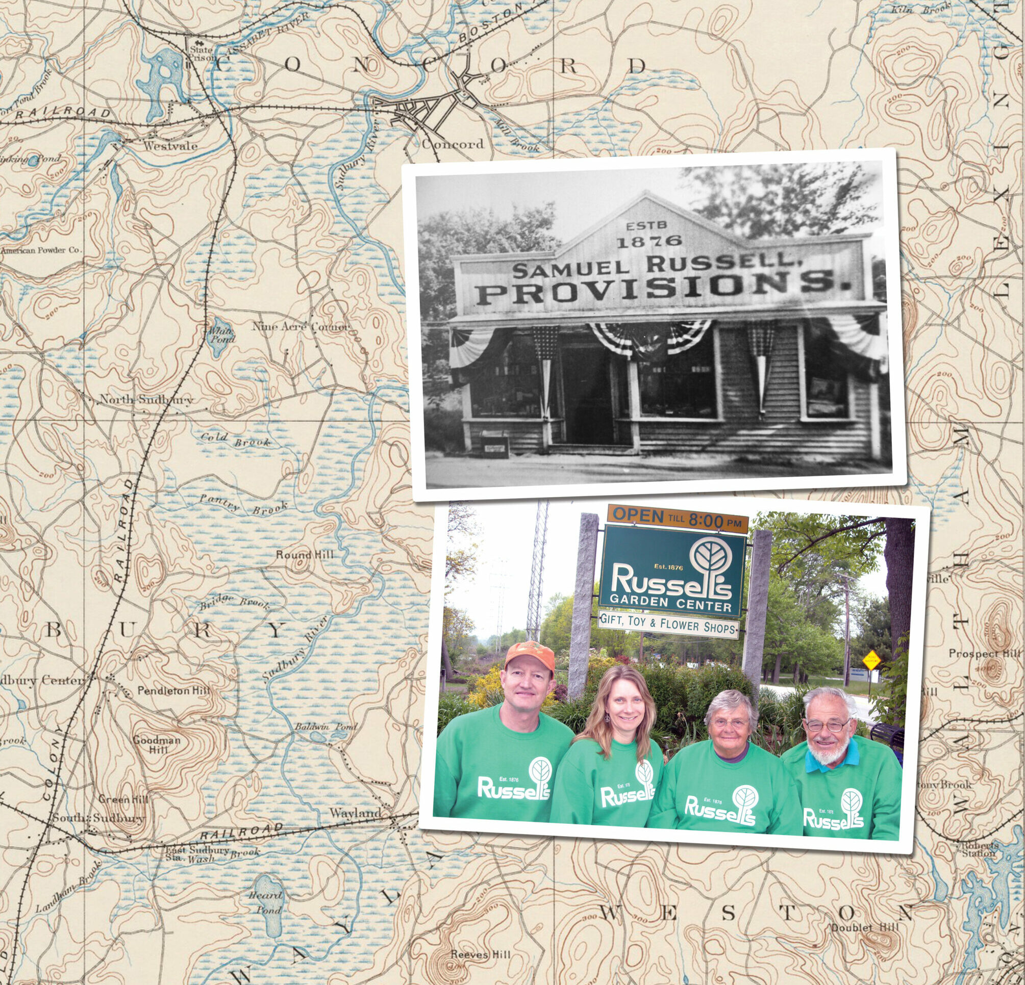 Photo of Russell Garden Center staff and old storefront with map as background.