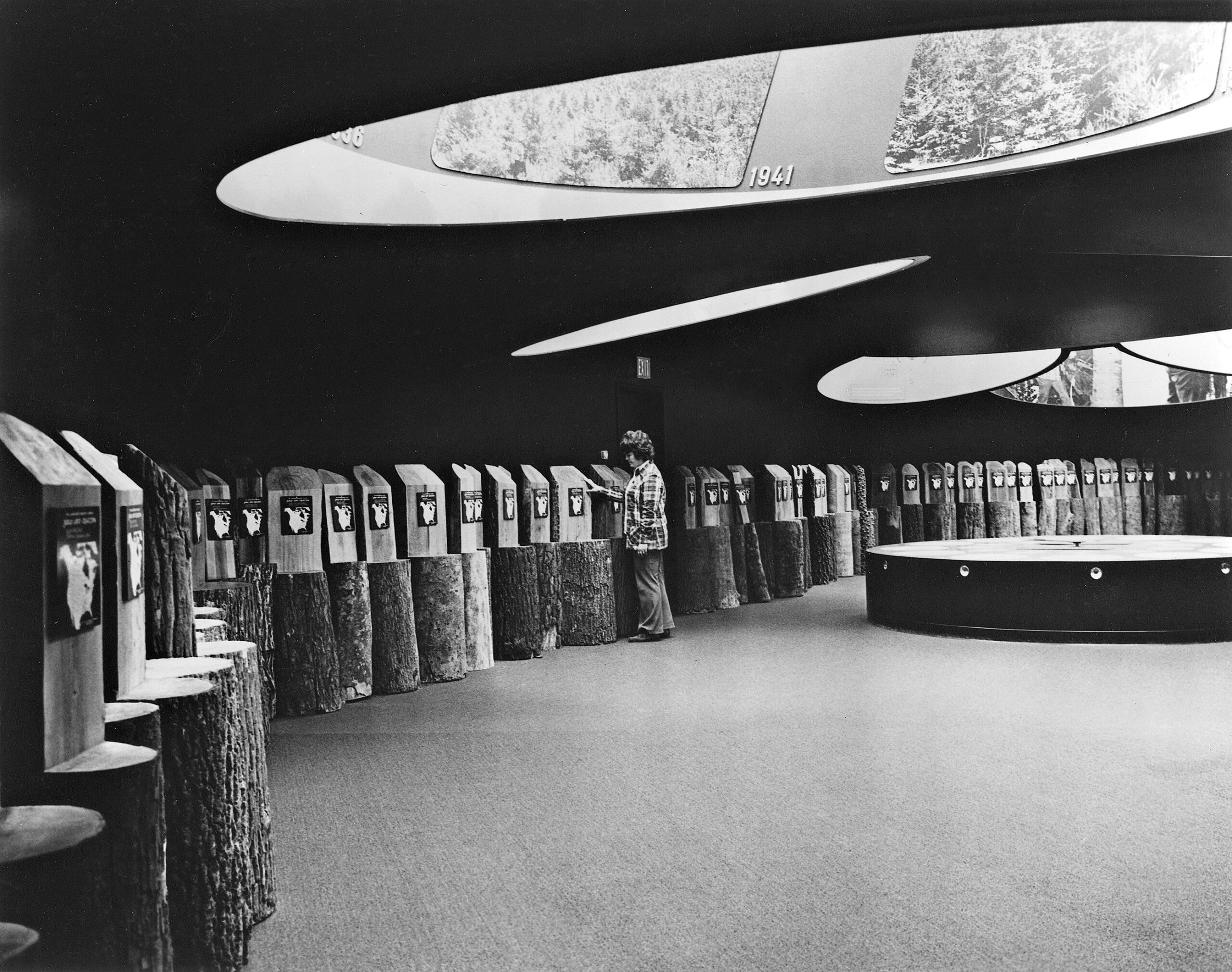 Black-and-white photograph of wood samples arranged in new exhibition space