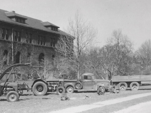 Horticultural equipment in front of the Hunnewell Building, ca. 1948.
