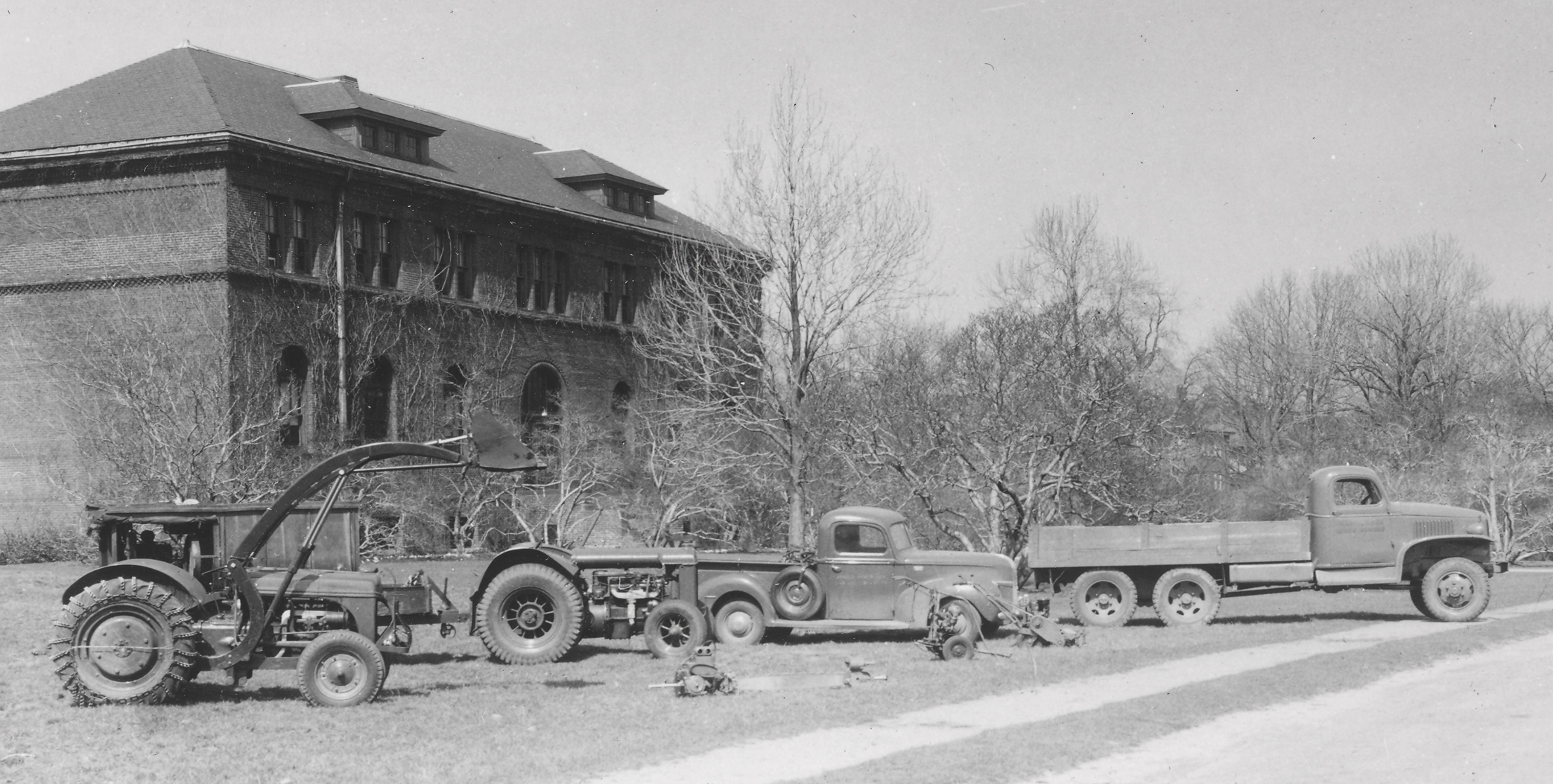 Horticultural equipment in front of the Hunnewell Building, ca. 1948.